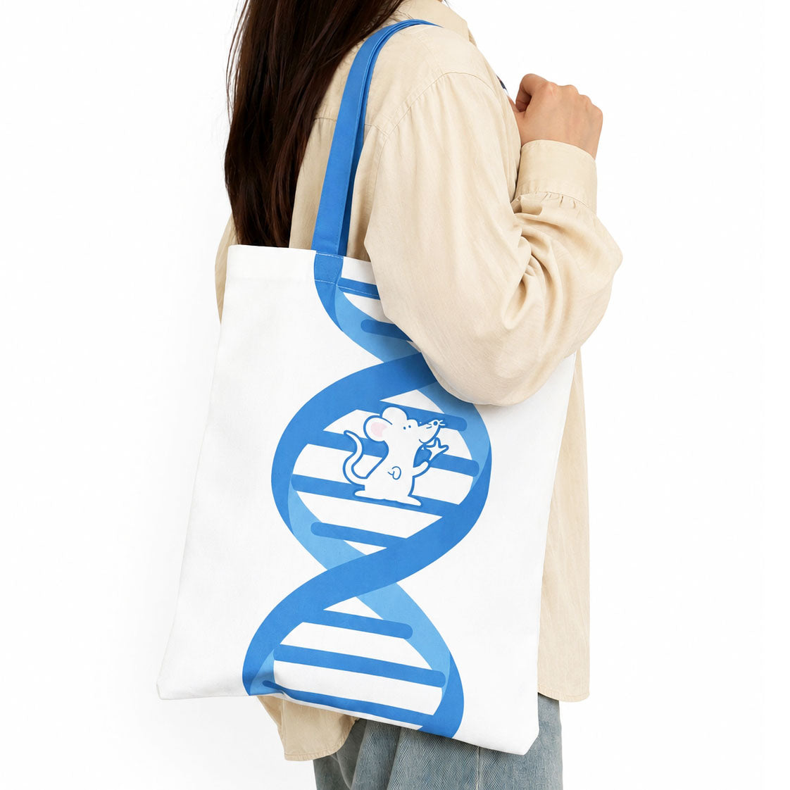 Reusable white cotton tote bag with DNA-inspired design and cartoon lab mouse print, combining practical storage with a clean scientific aesthetic.