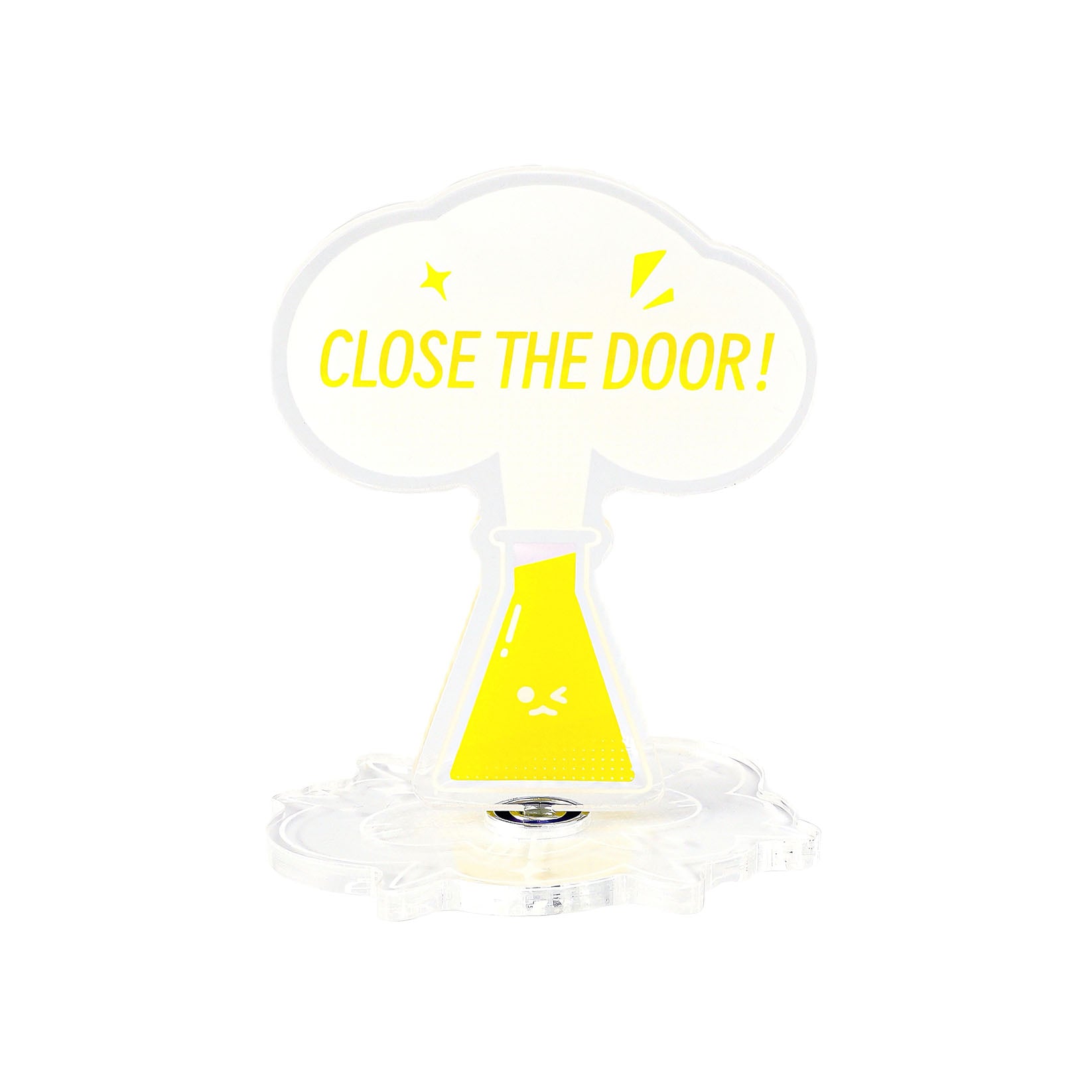 Yellow "CLOSE THE DOOR!" acrylic stand with a cute laboratory flask design for science desk decor.