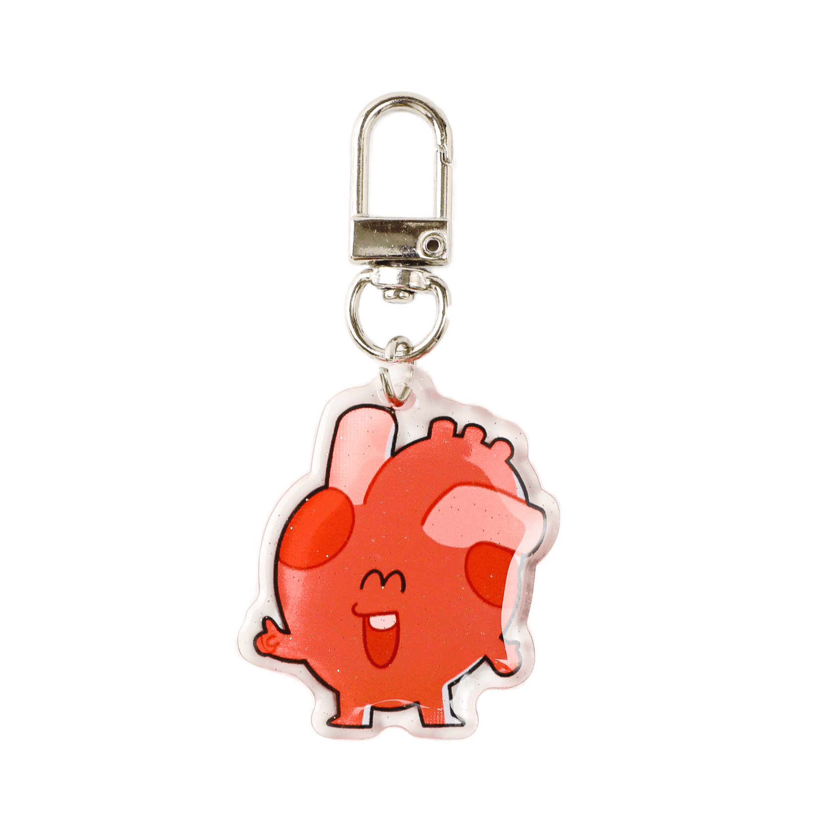 Happy anatomical heart acrylic keychain with a glitter finish and premium metal clasp, a cheerful medical-themed accessory for keys, totes, and everyday carry.