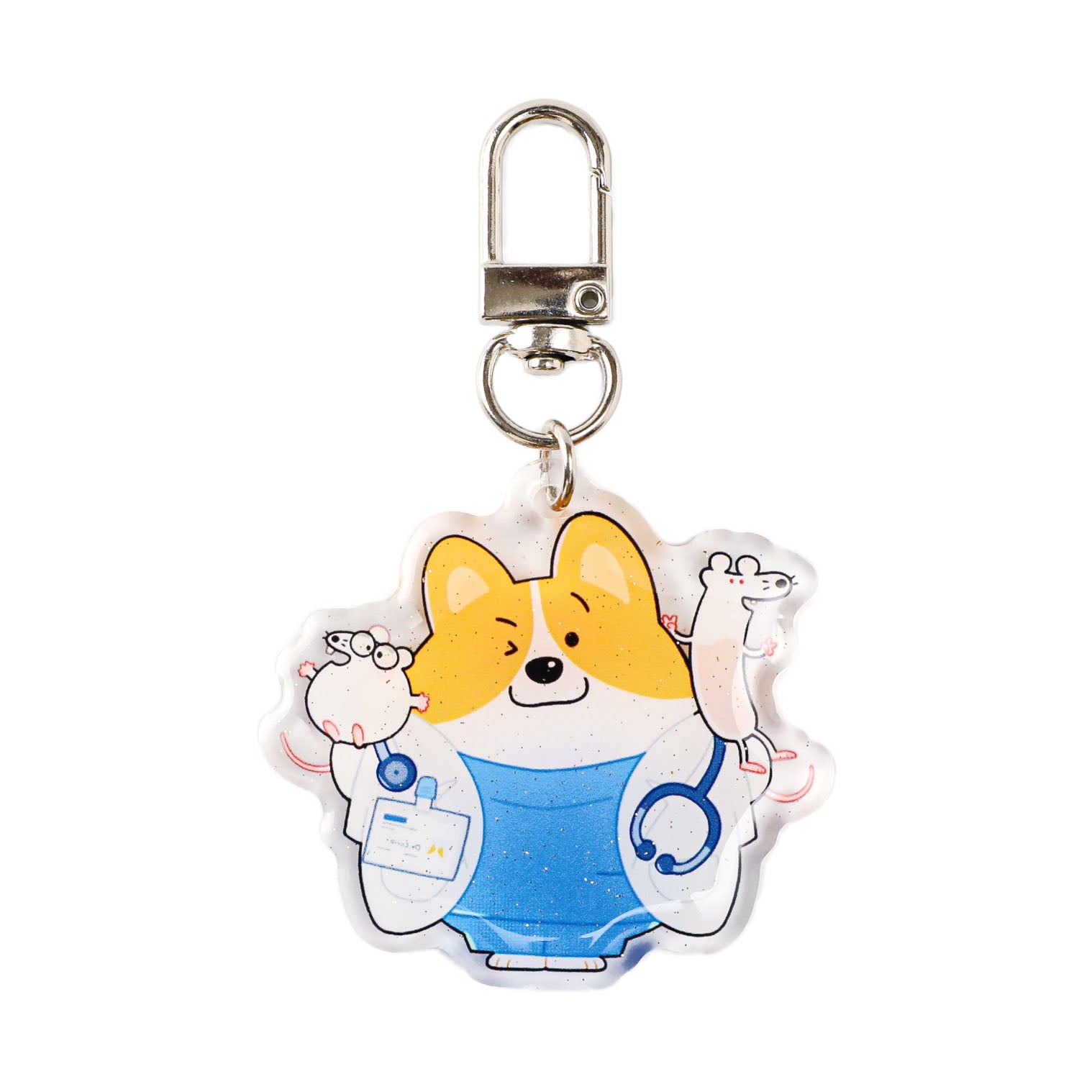 corgi nurse acrylic keychain with glitter finish, stethoscope, ID badge, and cartoon lab mice.
