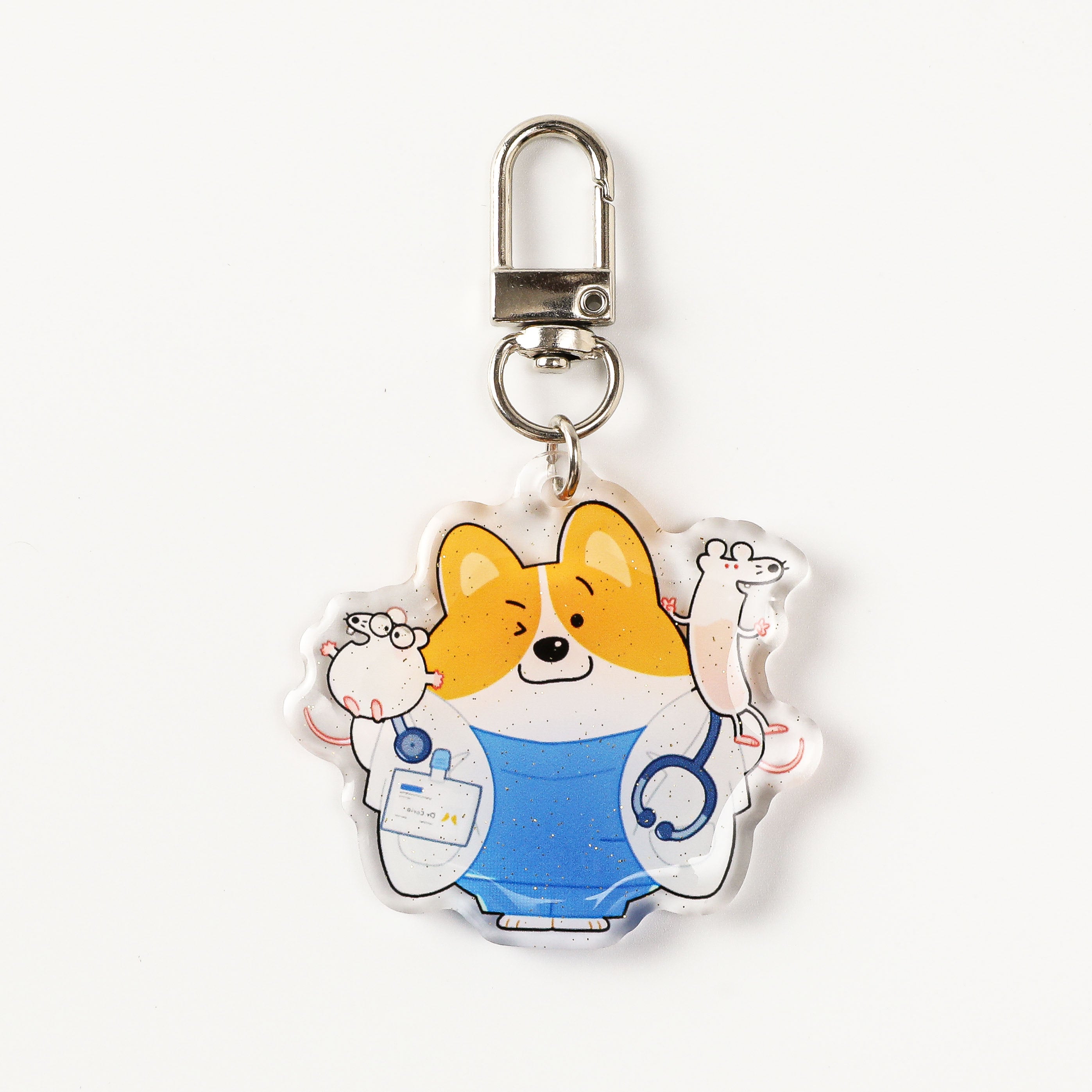 corgi medical acrylic keychain featuring a nurse outfit, glitter acrylic, and adorable laboratory mouse companions.