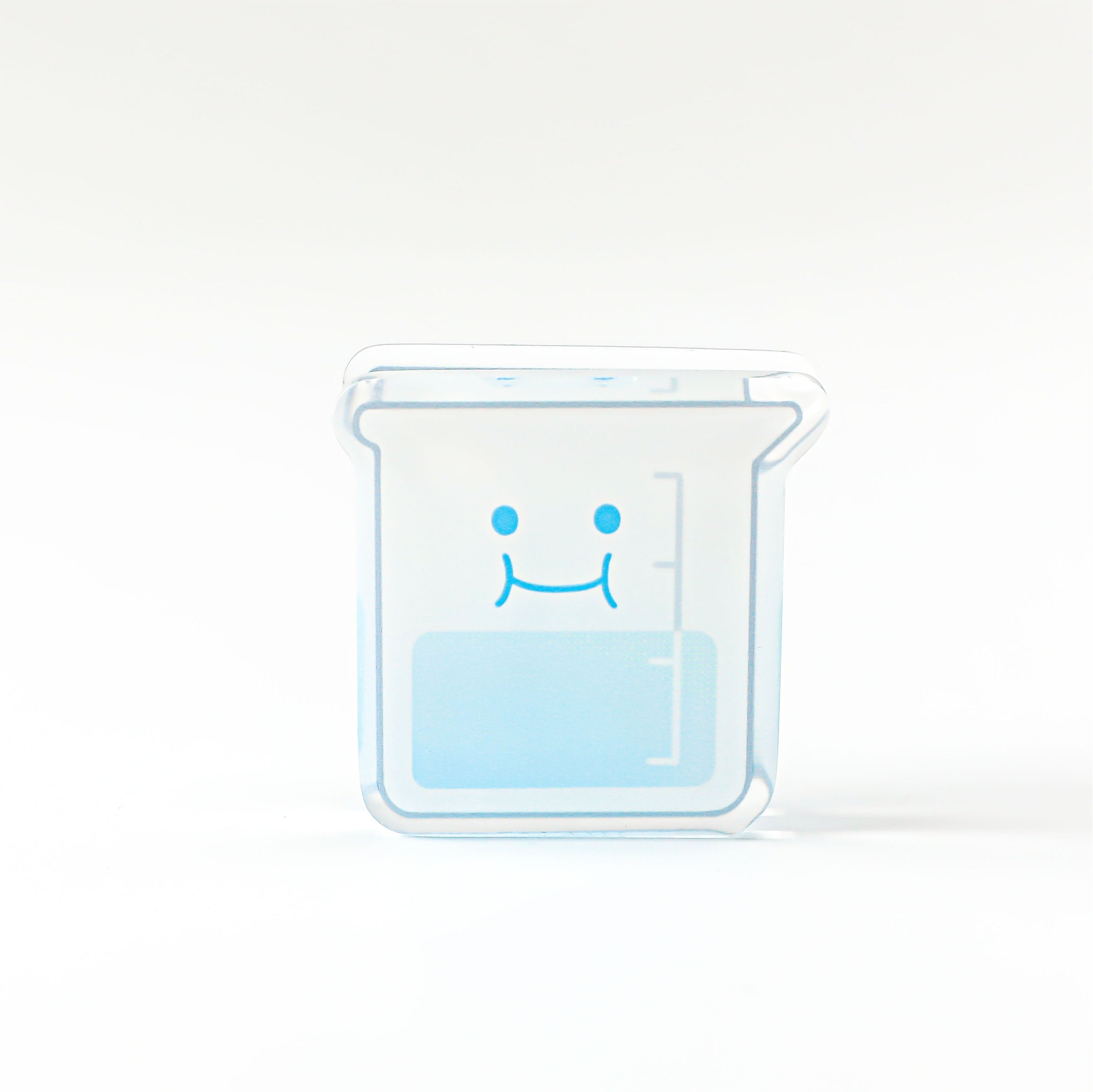 Blue beaker acrylic stationery clip with a cheerful cartoon face, ideal for organizing homework, office papers, and journal pages.