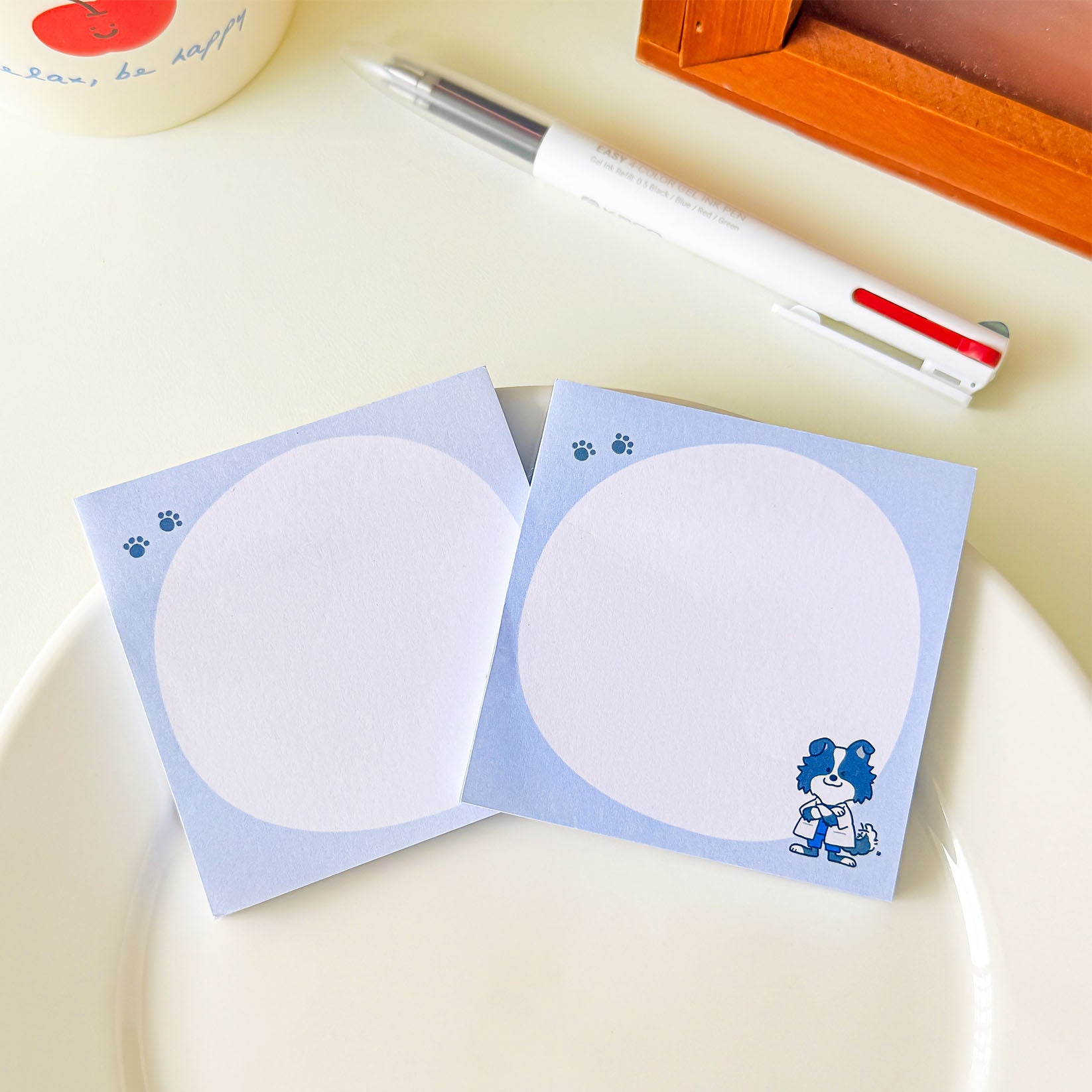 Cute blue dog memo pad featuring a Border Collie in a lab coat with a clean layout for notes and planning.