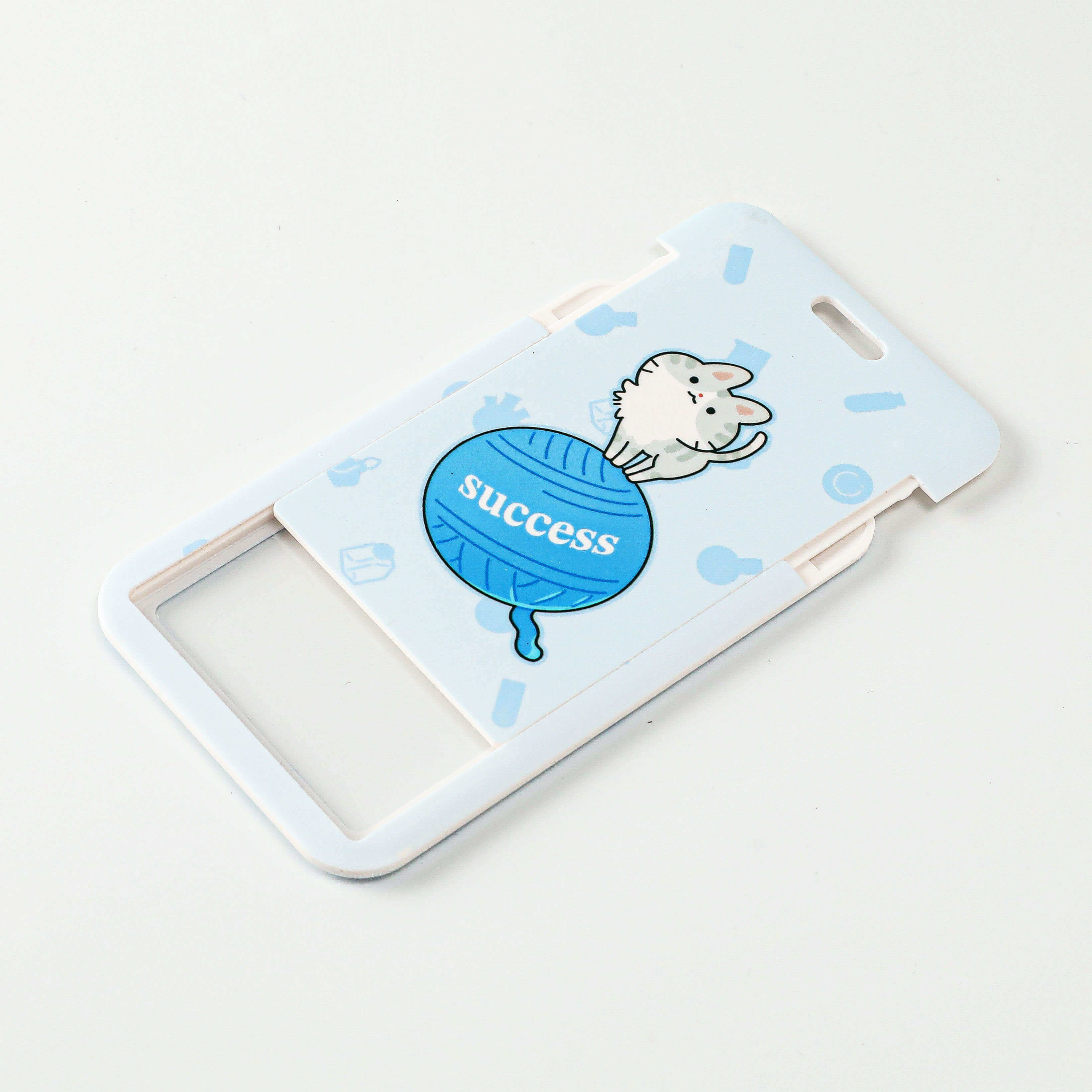 Horizontal Blue Cat Badge Holder with Cute Yarn Ball Design and Clear ID Card Display Window
