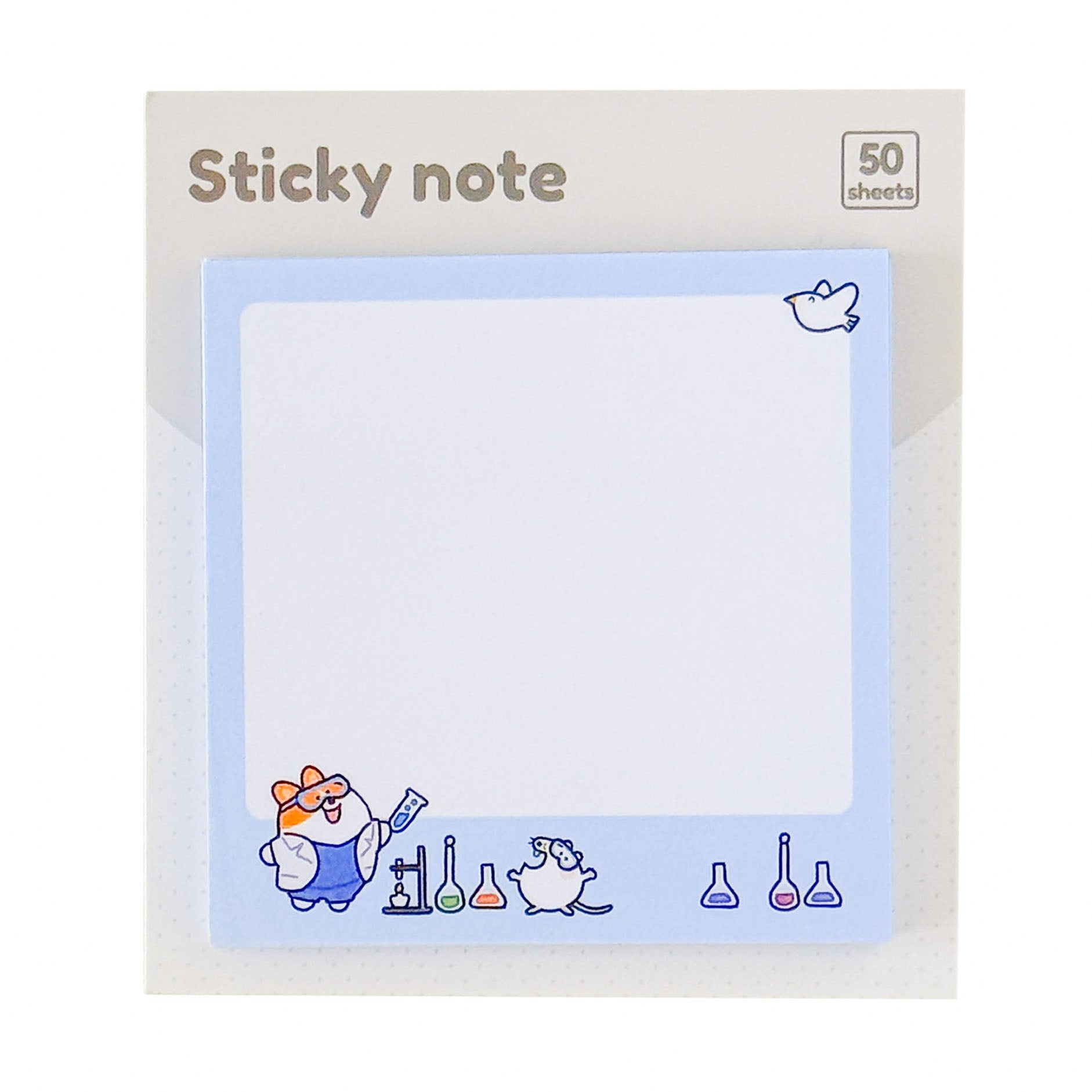 Blue laboratory sticky notes with cute doctor animal illustrations, science icons, and a spacious writing area for daily notes.