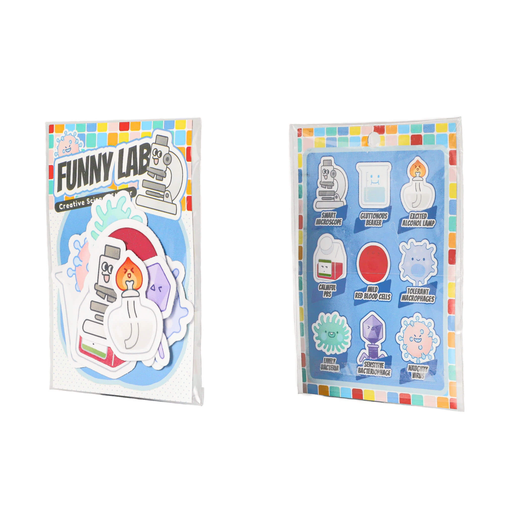Funny lab science sticker pack featuring cute laboratory equipment and microbiology cartoon designs for notebooks, laptops, journals, and planners.