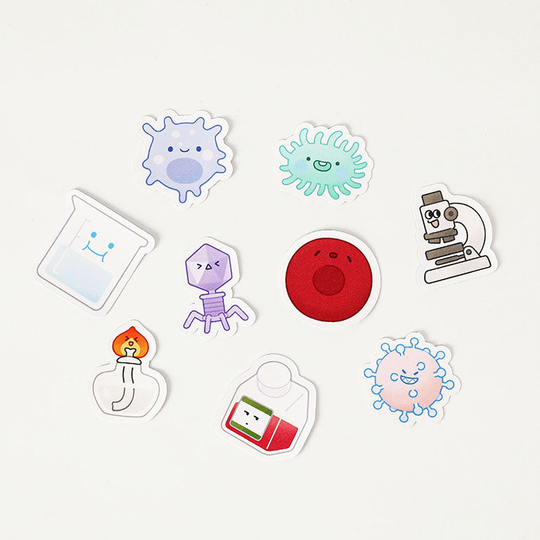 Cute laboratory science sticker set featuring cartoon microscope, bacteria, virus, petri dish, and lab equipment designs for notebooks, laptops, journals, and planners.