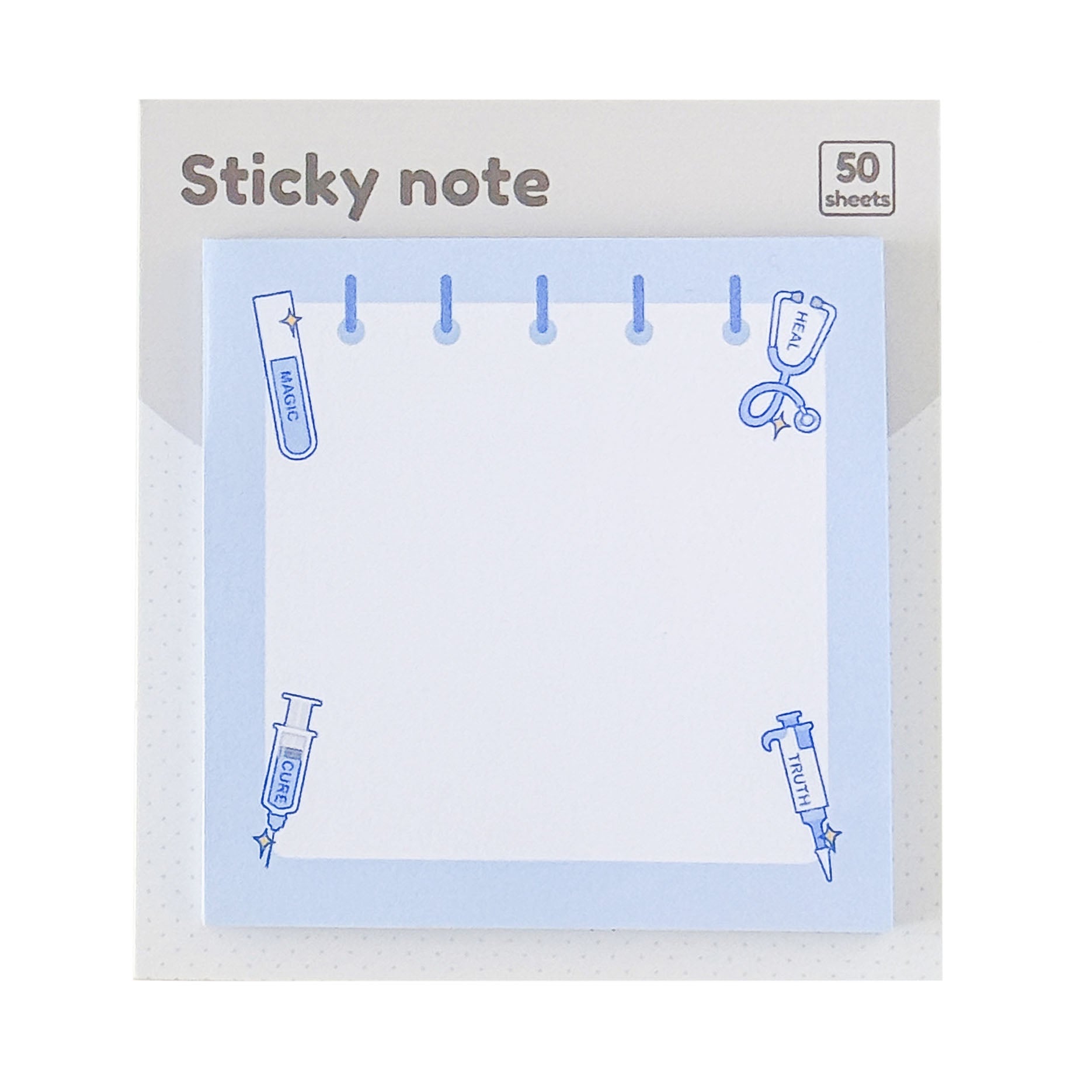 Blue medical science sticky notes featuring syringe, test tube, and stethoscope illustrations with a clean writing area.
