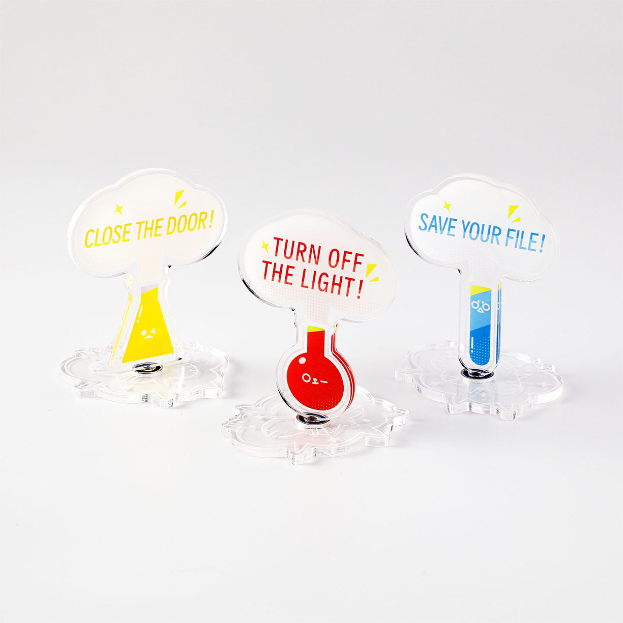 Cute laboratory acrylic display stand with cartoon test tube illustration for students and researchers.