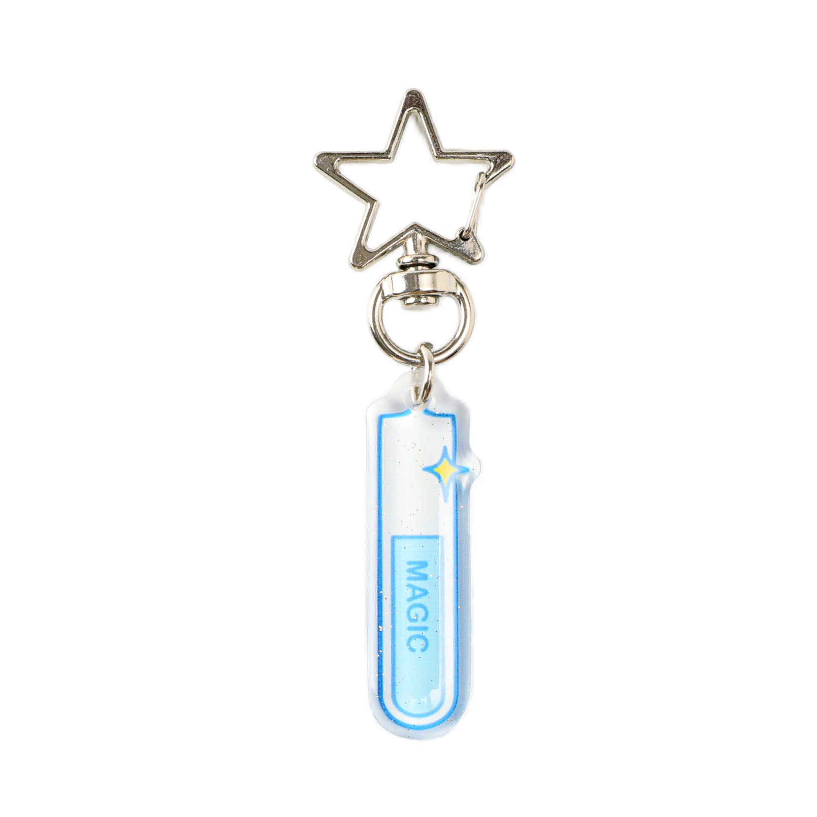 Blue glitter acrylic test tube keychain with transparent finish, star-shaped metal clasp, and cute laboratory-inspired design.