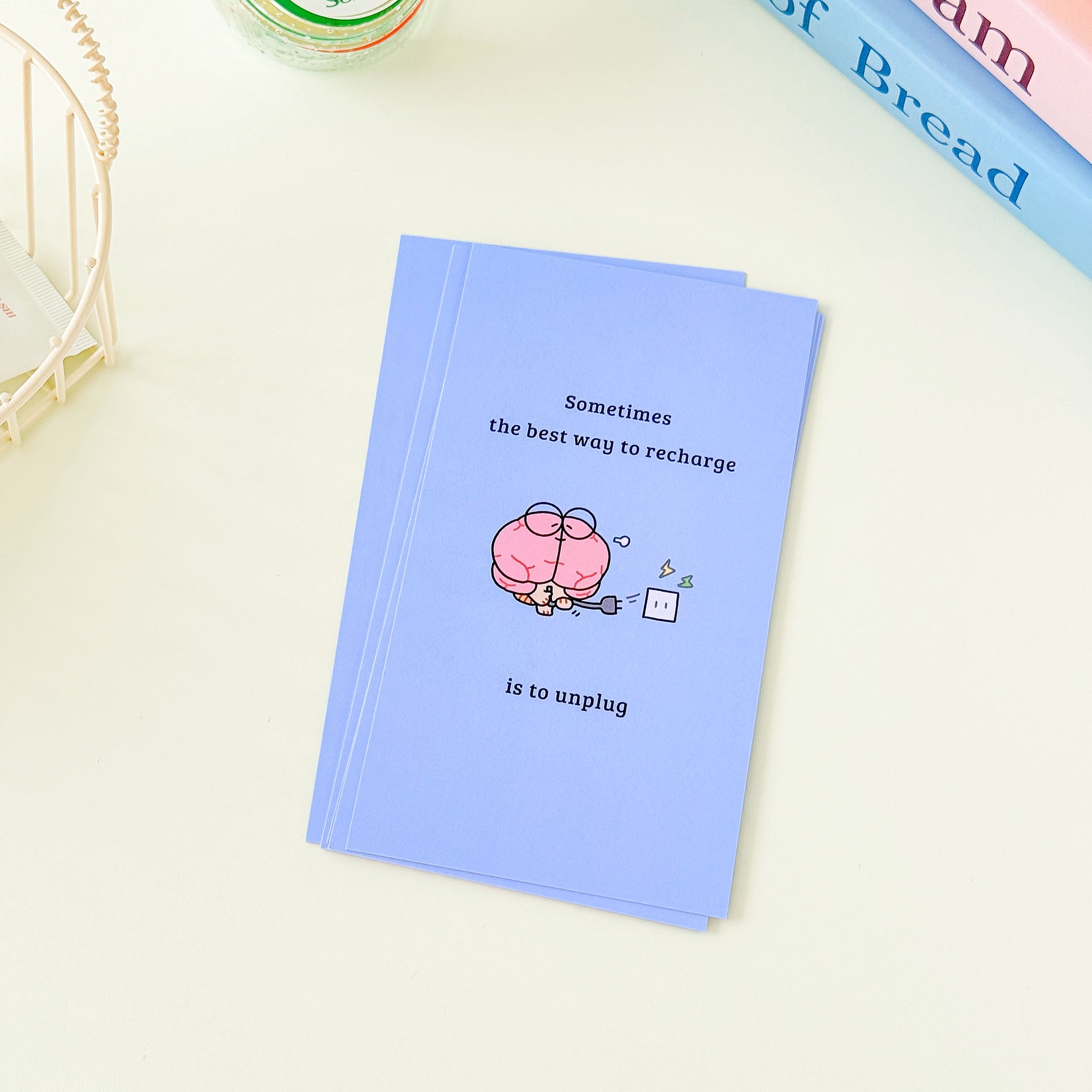 Cute brain memo pad featuring a relaxing brain character and inspirational message for work, study, and daily reminders.