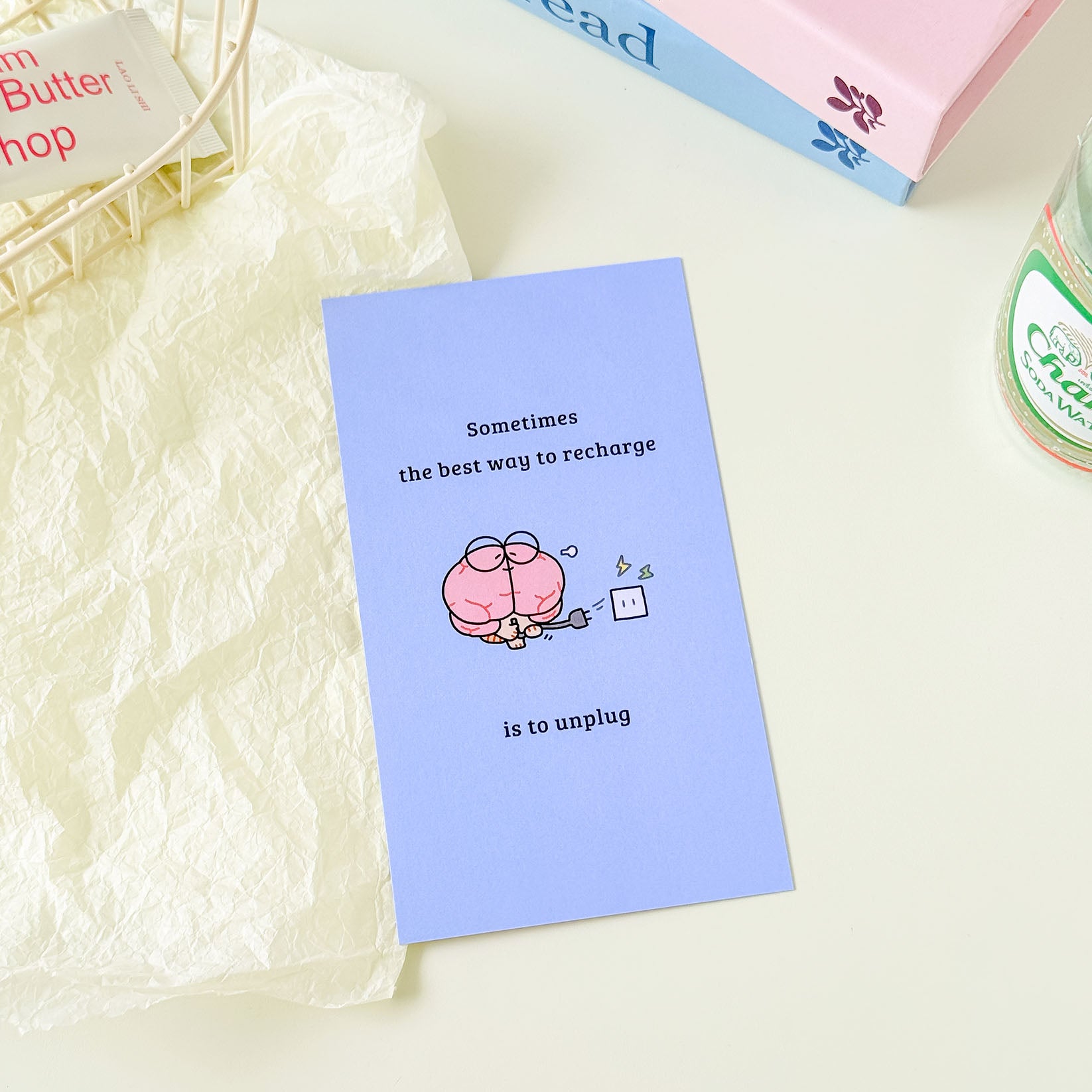 Cartoon brain sticky note pad with a blue background, unplug theme, and encouraging design for office and school use.