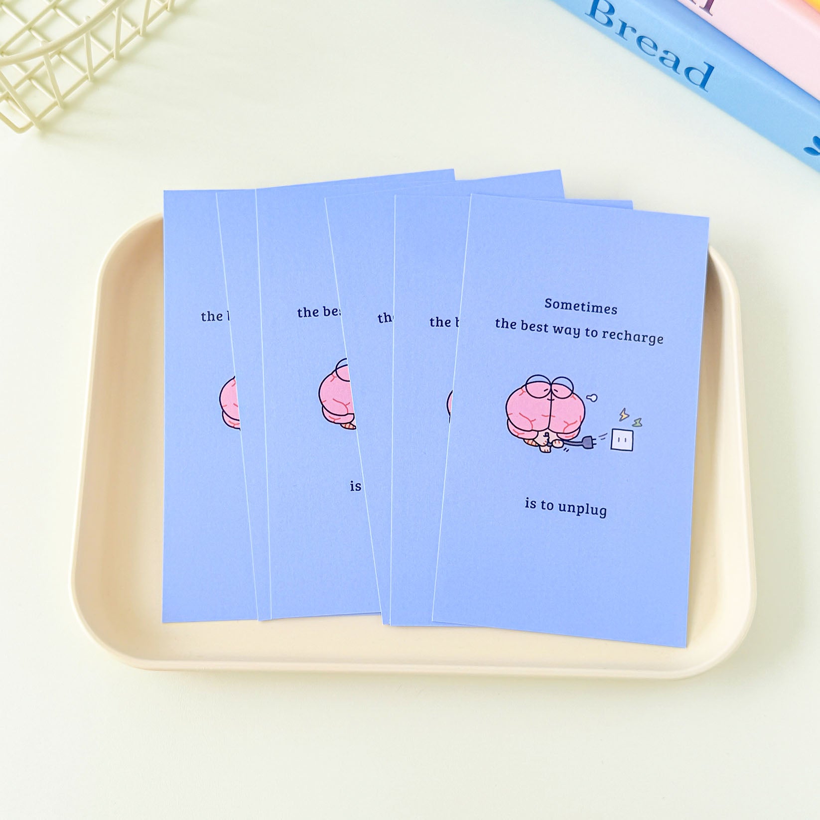brain sticky notes with pastel blue design, sleeping brain illustration, and positive quote for everyday note-taking.