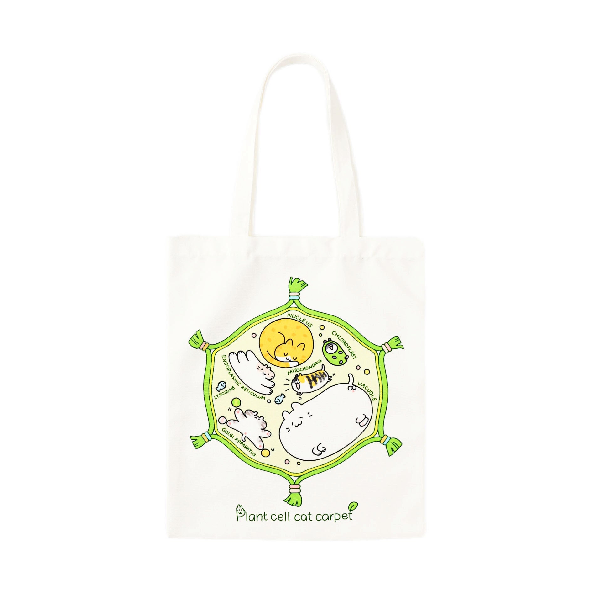 Eco-friendly canvas tote bag featuring a whimsical plant cell illustration filled with adorable cats, perfect for botany lovers, biology students, and science enthusiasts.