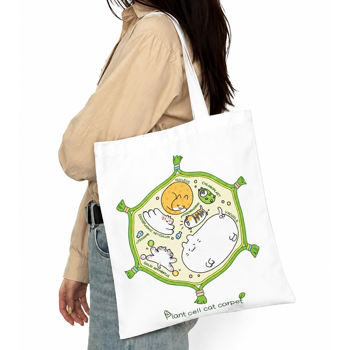 Reusable cotton tote with a charming plant cell cat design, combining botanical education and playful artwork for everyday shopping, campus, or laboratory use.
