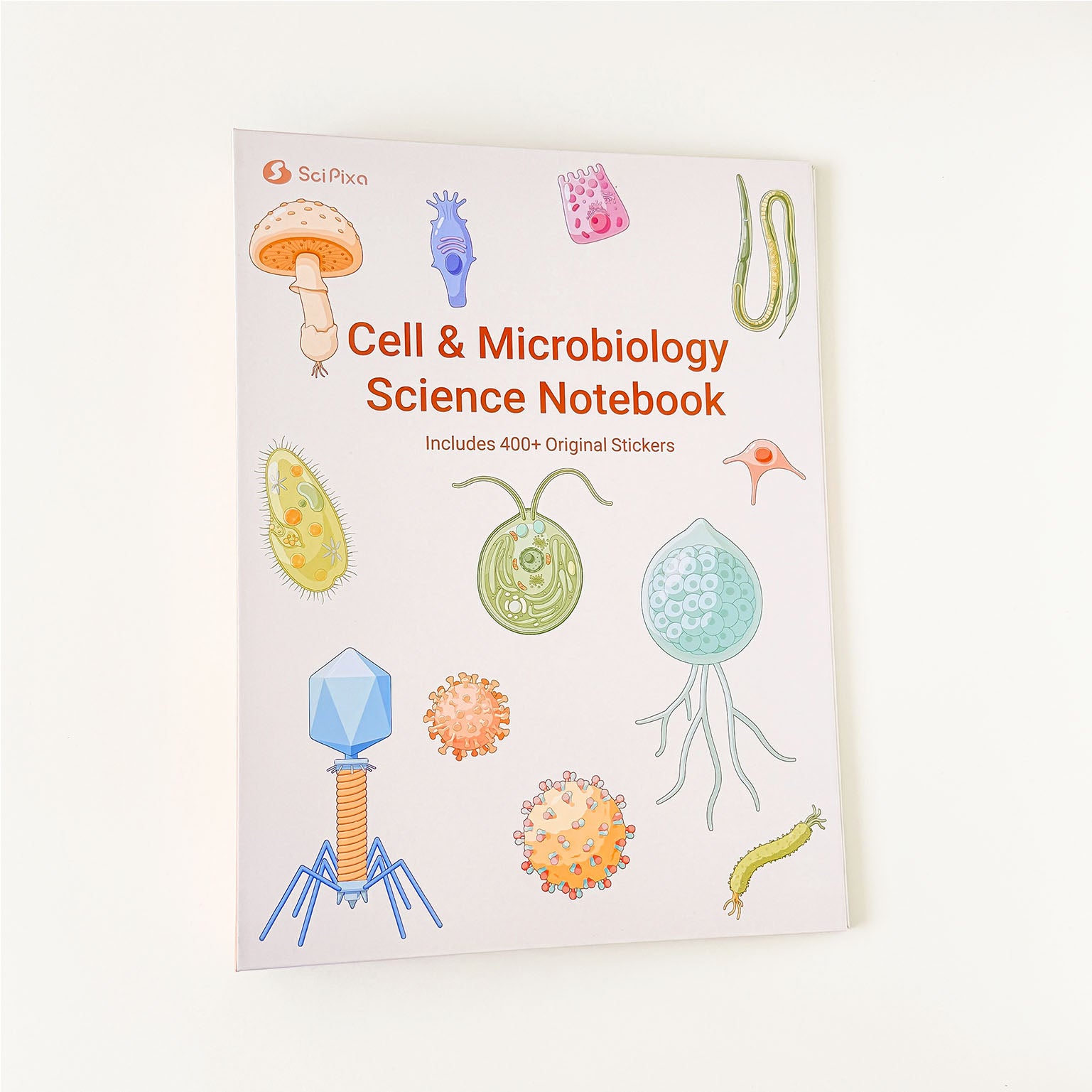 Cell & Microbiology Science Notebook featuring colorful microorganism and cell illustrations with over 400 original stickers.
