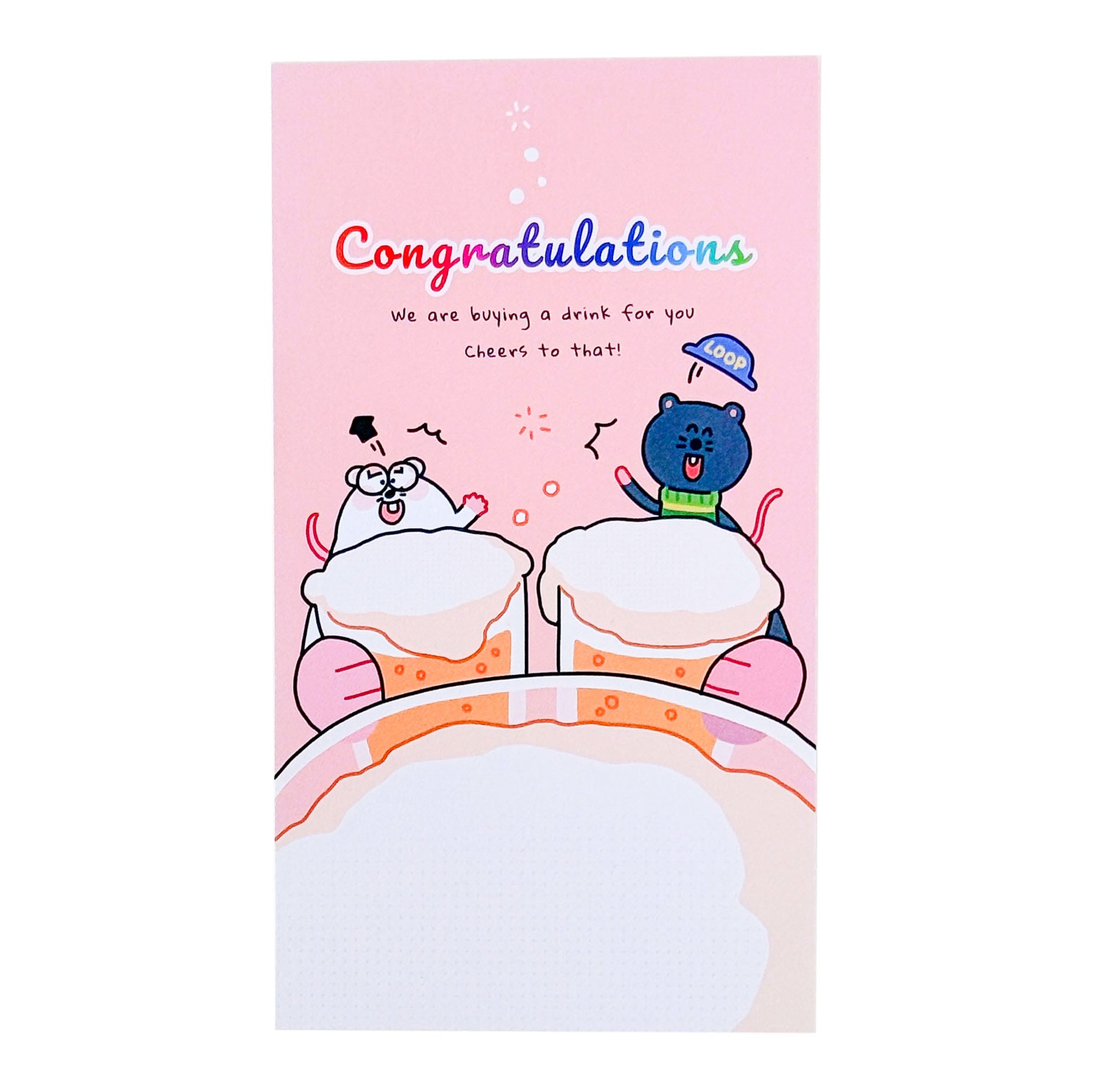 Cute congratulations sticky notes featuring cartoon mice celebrating with frothy drinks on a pastel pink memo pad.