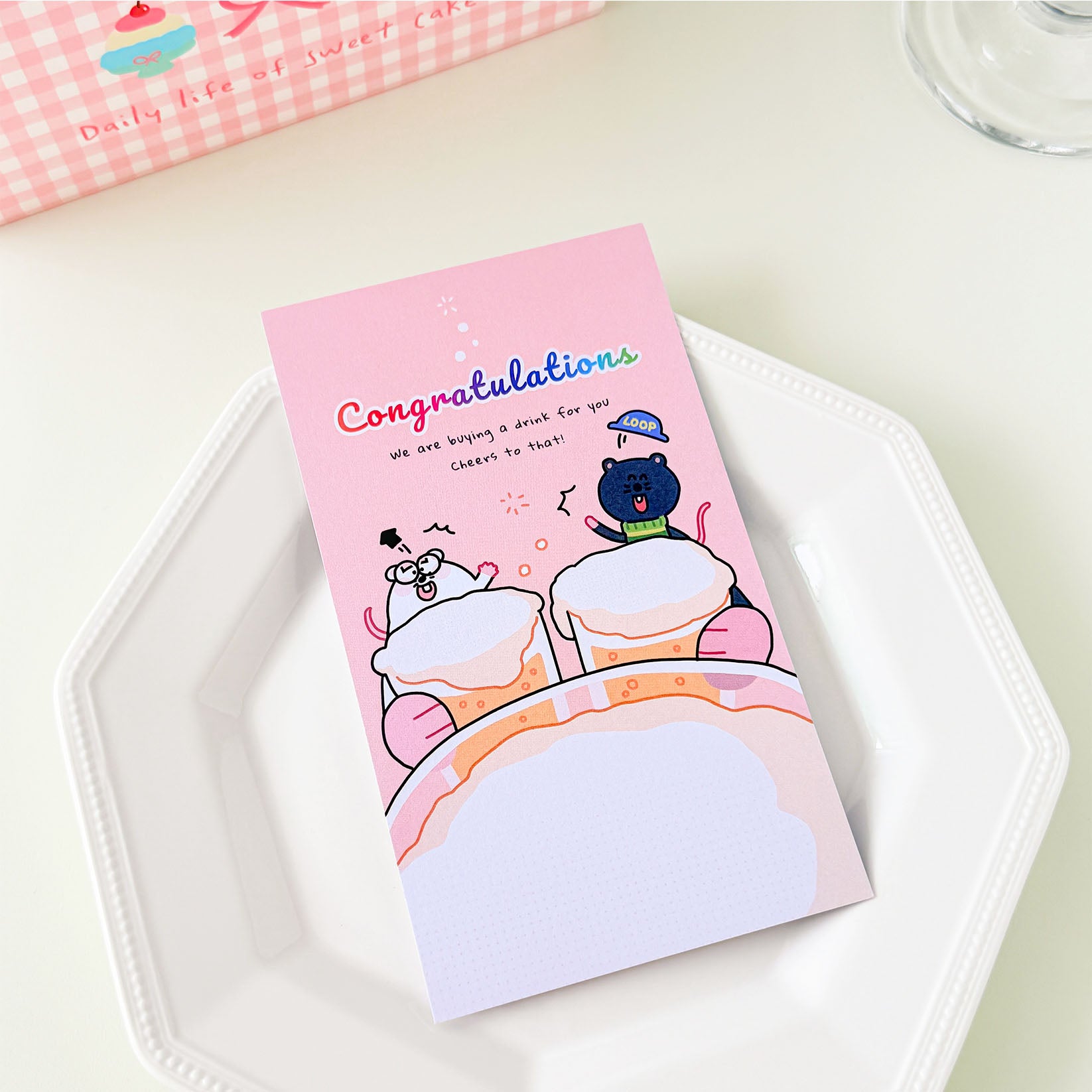 Cartoon mouse memo pad with a cheerful congratulations message and adorable celebration artwork for school, office, and gifts.