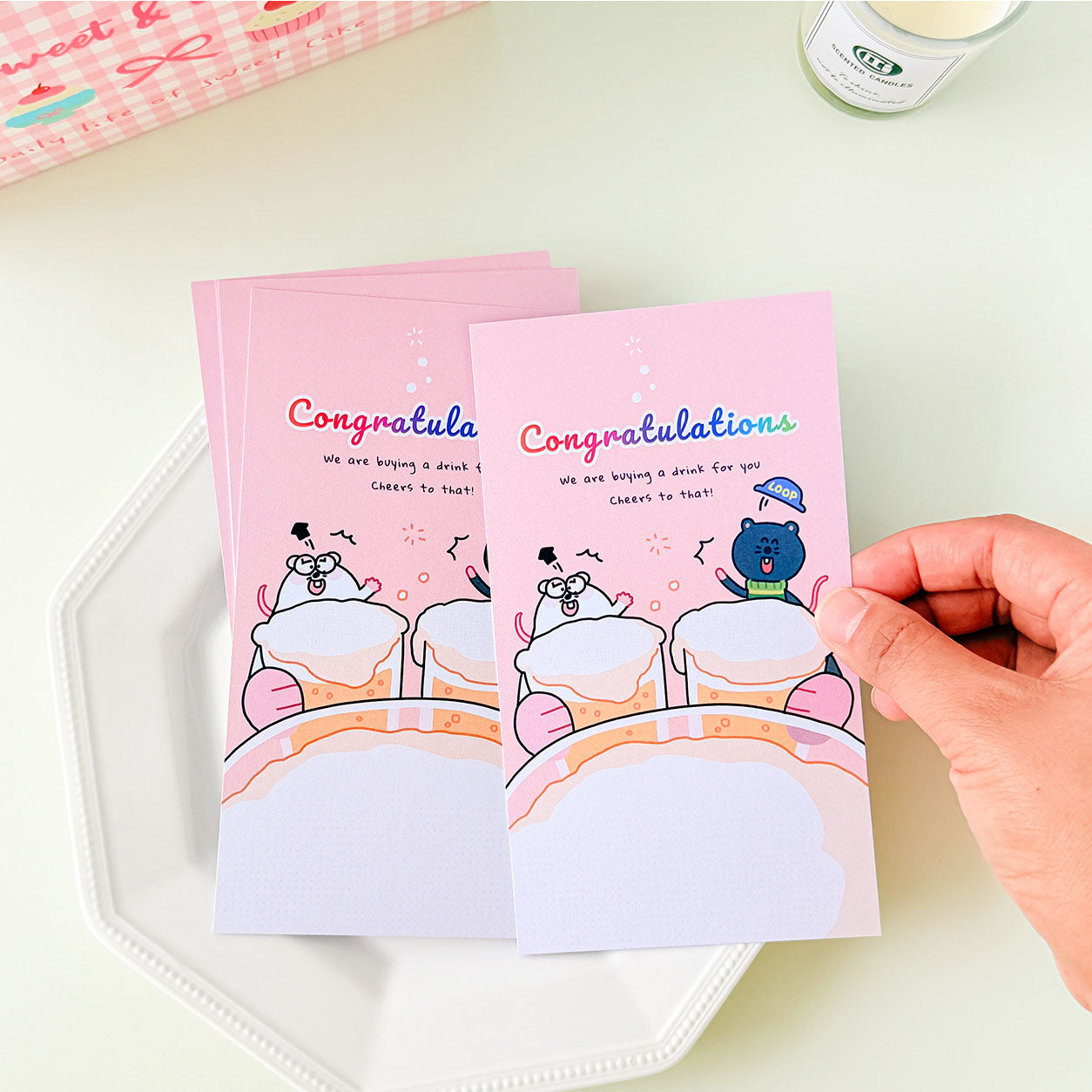 Animal sticky notes with festive cartoon mice, colorful congratulations text, and a fun party-inspired design.