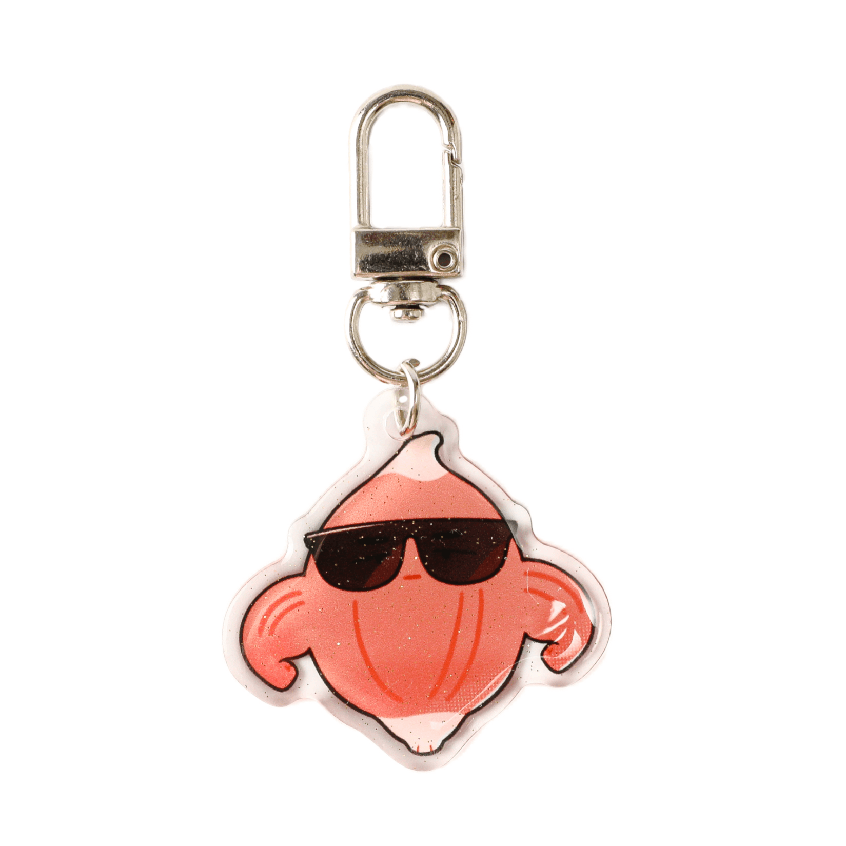Cartoon muscle acrylic keychain wearing sunglasses with a glitter finish and premium metal clasp, a fun fitness and anatomy-inspired accessory for keys, bags, and gifts.