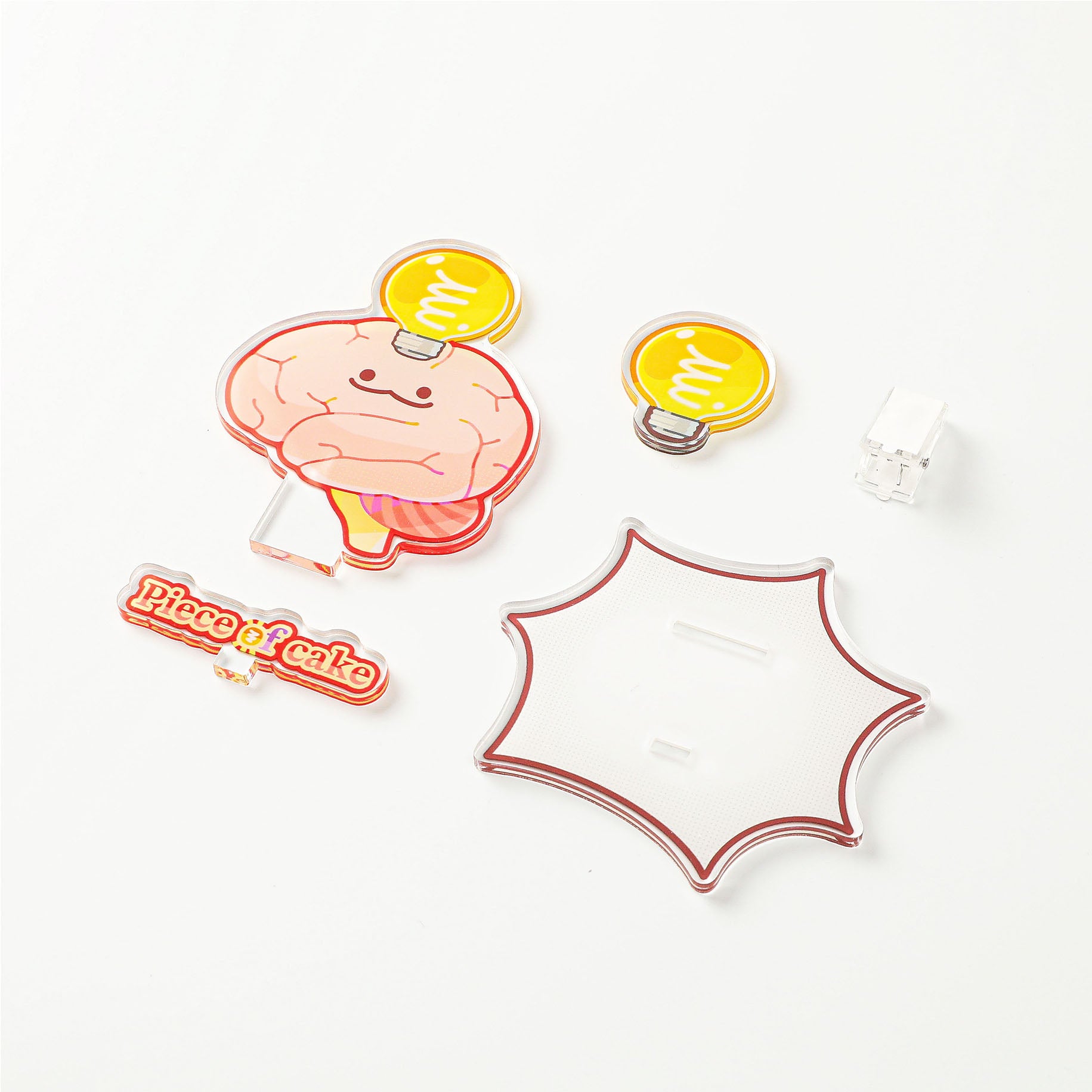 Playful acrylic brain figure with a bright light bulb design and colorful base, creating an eye-catching decorative piece for science lovers.