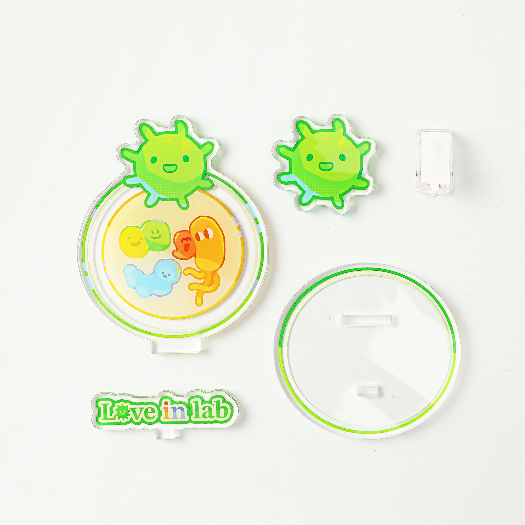 Cartoon bacteria acrylic holder with multifunctional design for clipping photos, supporting smartphones, and decorating office or study desks.