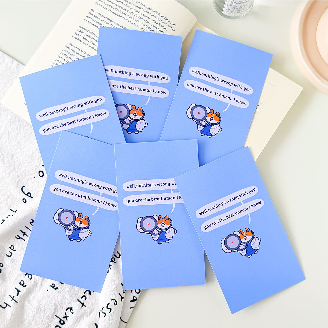 Cartoon doctor puppy sticky notes with a pastel blue background and inspirational quote for office, school, and journaling.