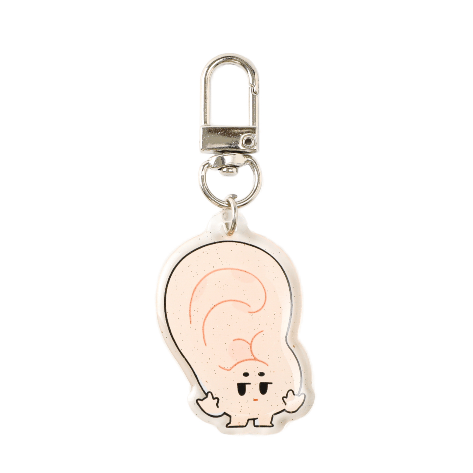 Cartoon ear acrylic keychain with subtle glitter accents, smooth transparent edges, and a sturdy silver clasp for keys or backpacks.