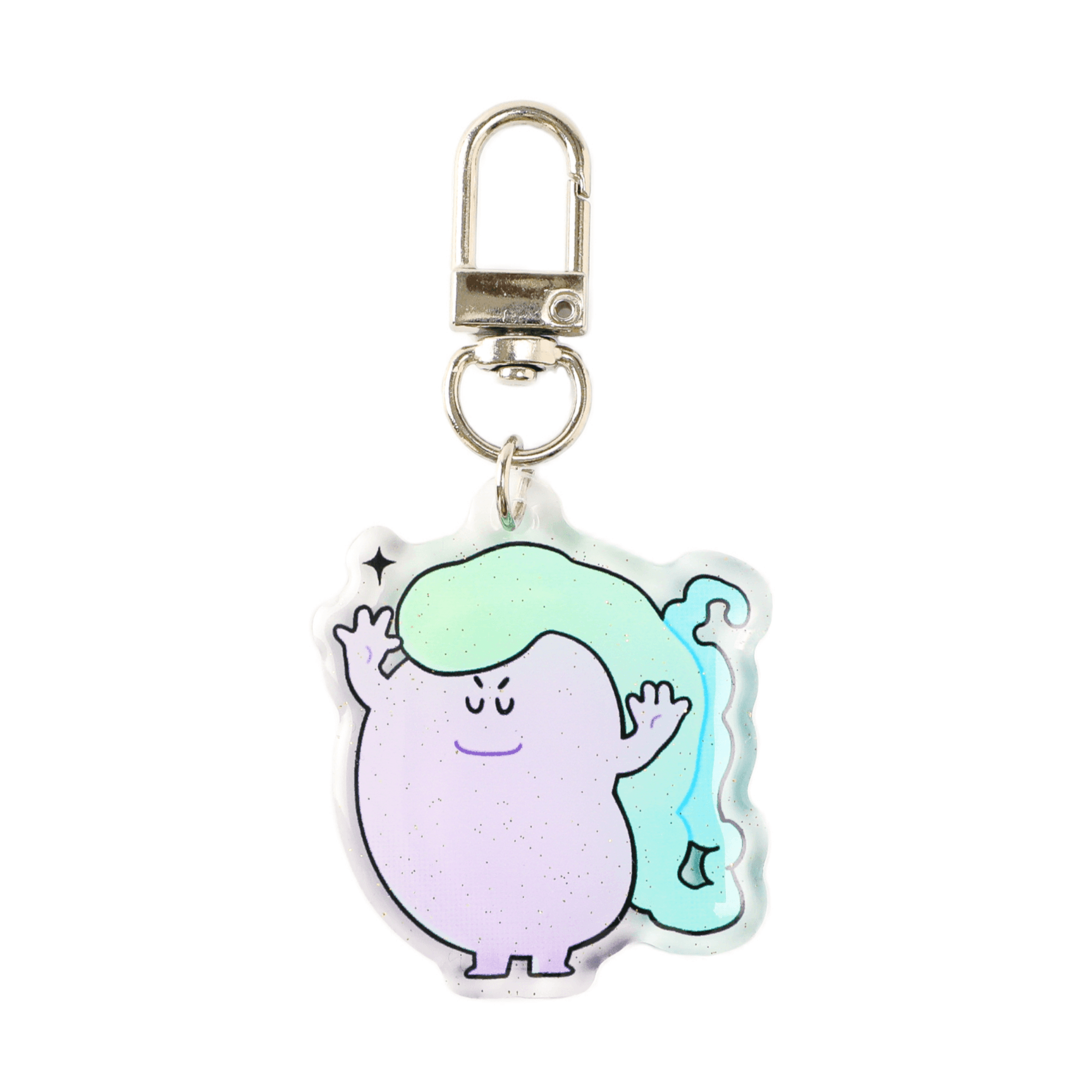 Glitter acrylic keychain featuring a smiling cartoon testicle character with attached epididymis, finished with a sturdy metal clasp for keys or bags.