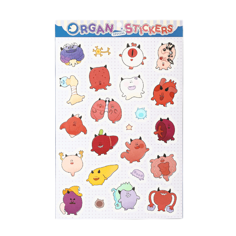 Dark science organ sticker sheet featuring cute devil-themed anatomy characters including brain, heart, lungs, liver, kidney, and stomach.