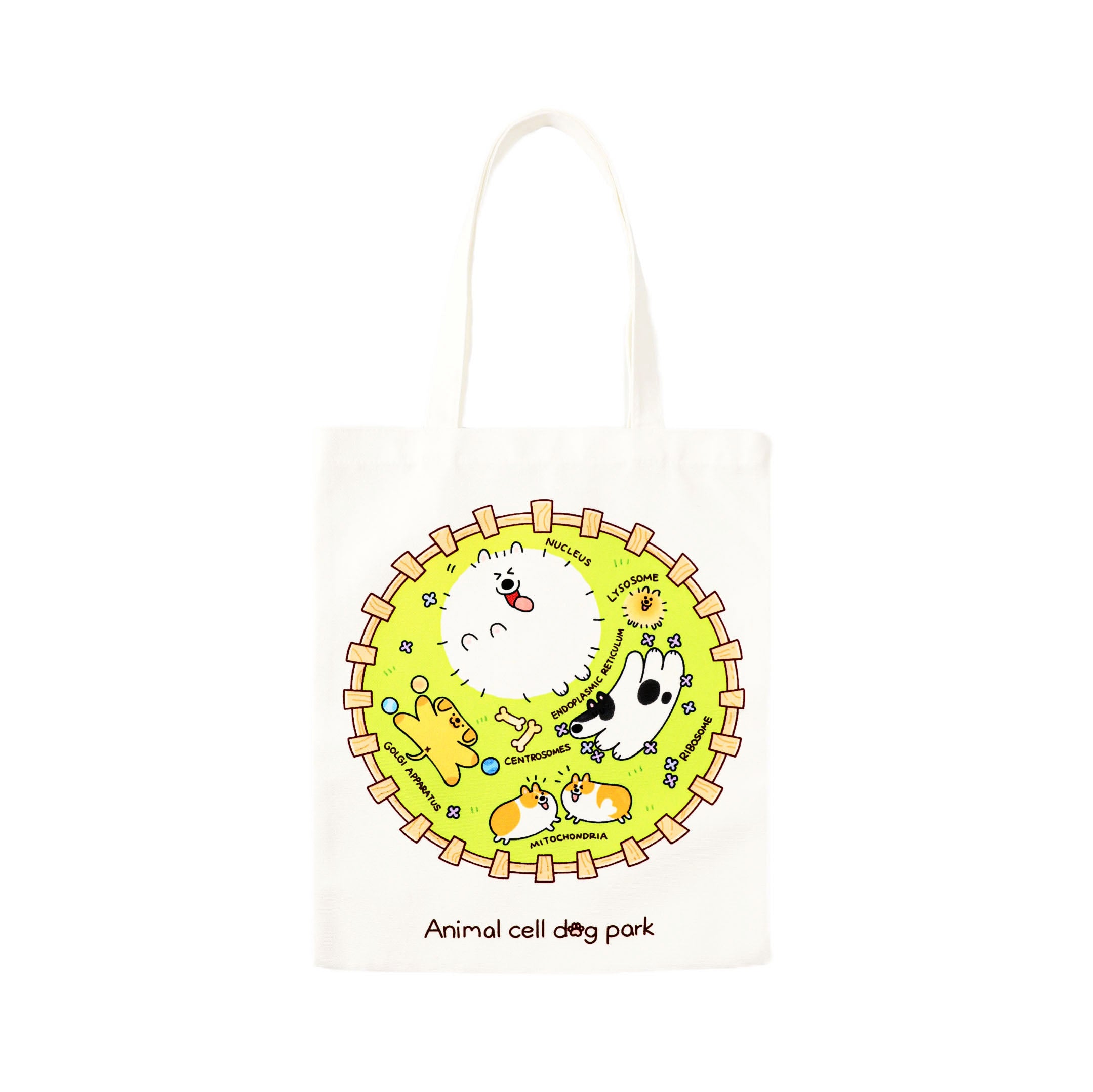 Natural canvas tote bag featuring a playful animal cell illustration with adorable cartoon dogs, ideal for microbiology lovers, science classrooms, and everyday carrying.