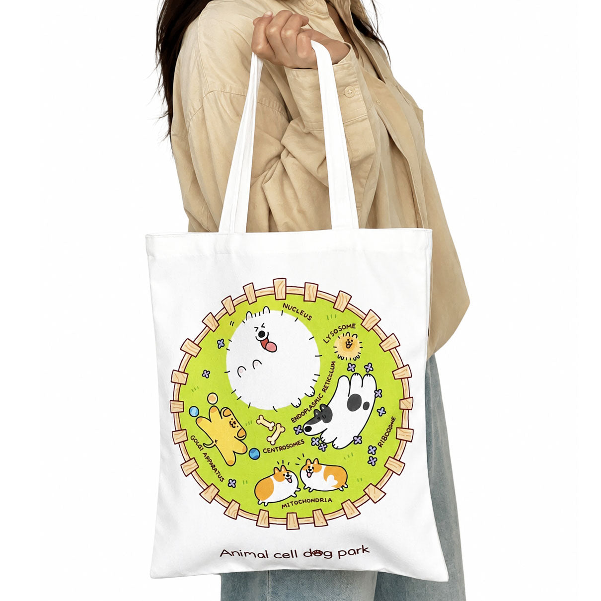 Botanical and biology-inspired canvas tote featuring a humorous animal cell dog park graphic, perfect for science majors, researchers, and pet lovers.