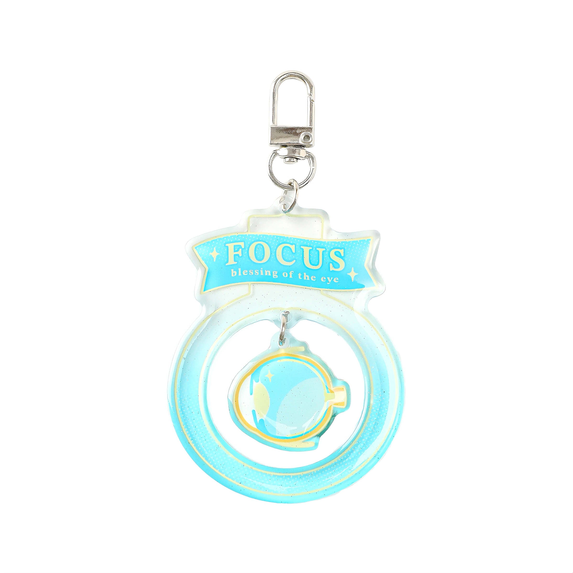 Eye shaker acrylic keychain featuring a glitter acrylic frame, dangling cartoon eyeball charm, and silver lobster clasp for science-themed accessories.