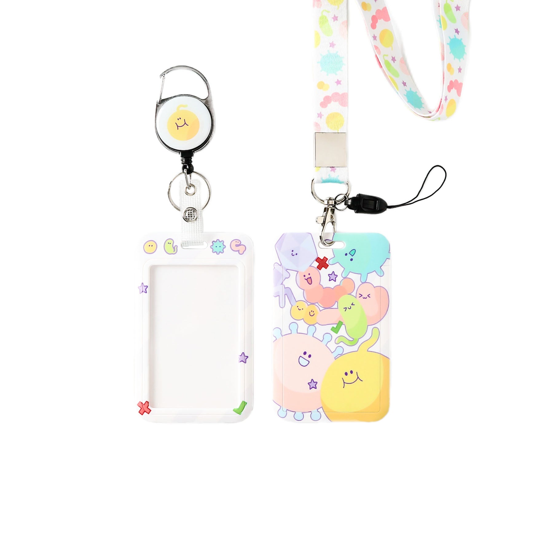 Colorful Cute Microbes ID Badge Holder Set with Matching Lanyard, Retractable Reel, and Clear Card Sleeve