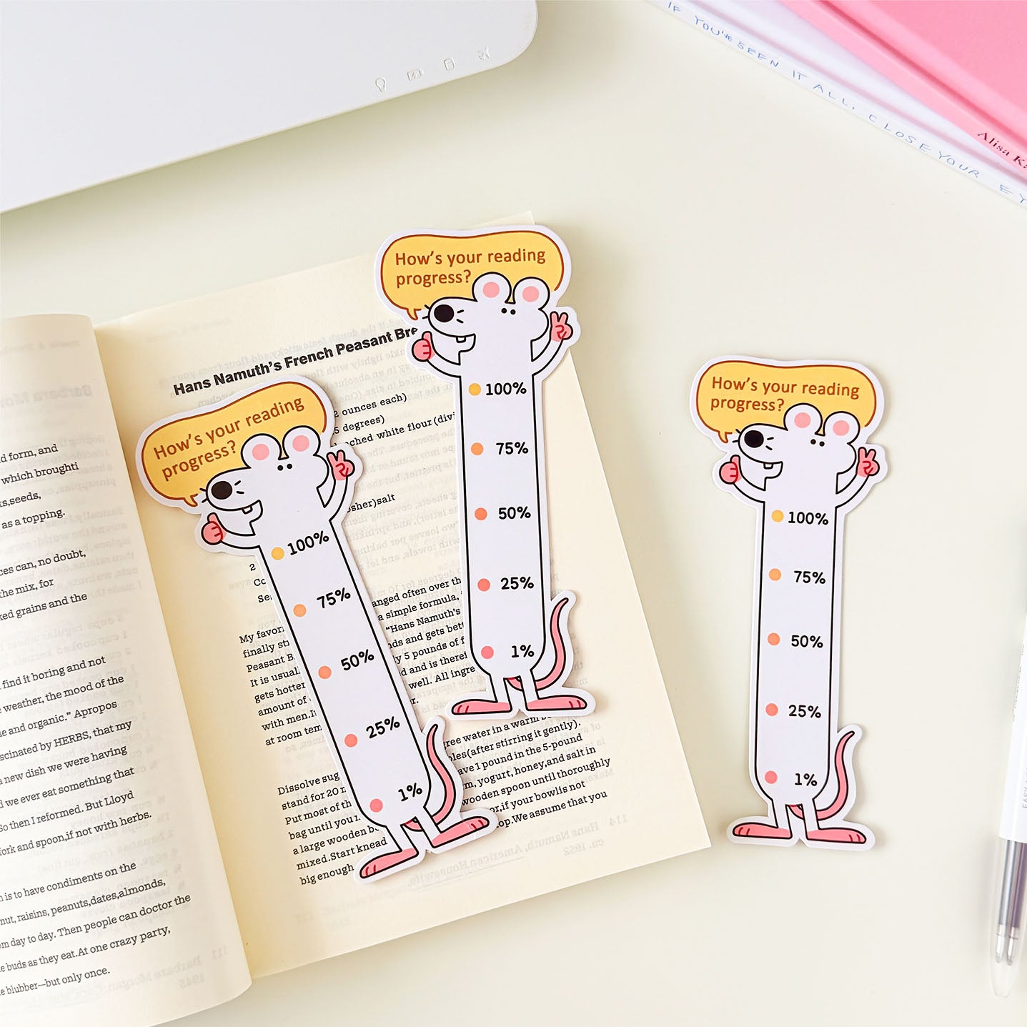 Cartoon mouse bookmark featuring a reading progress tracker and playful illustration for books, planners, and journals.