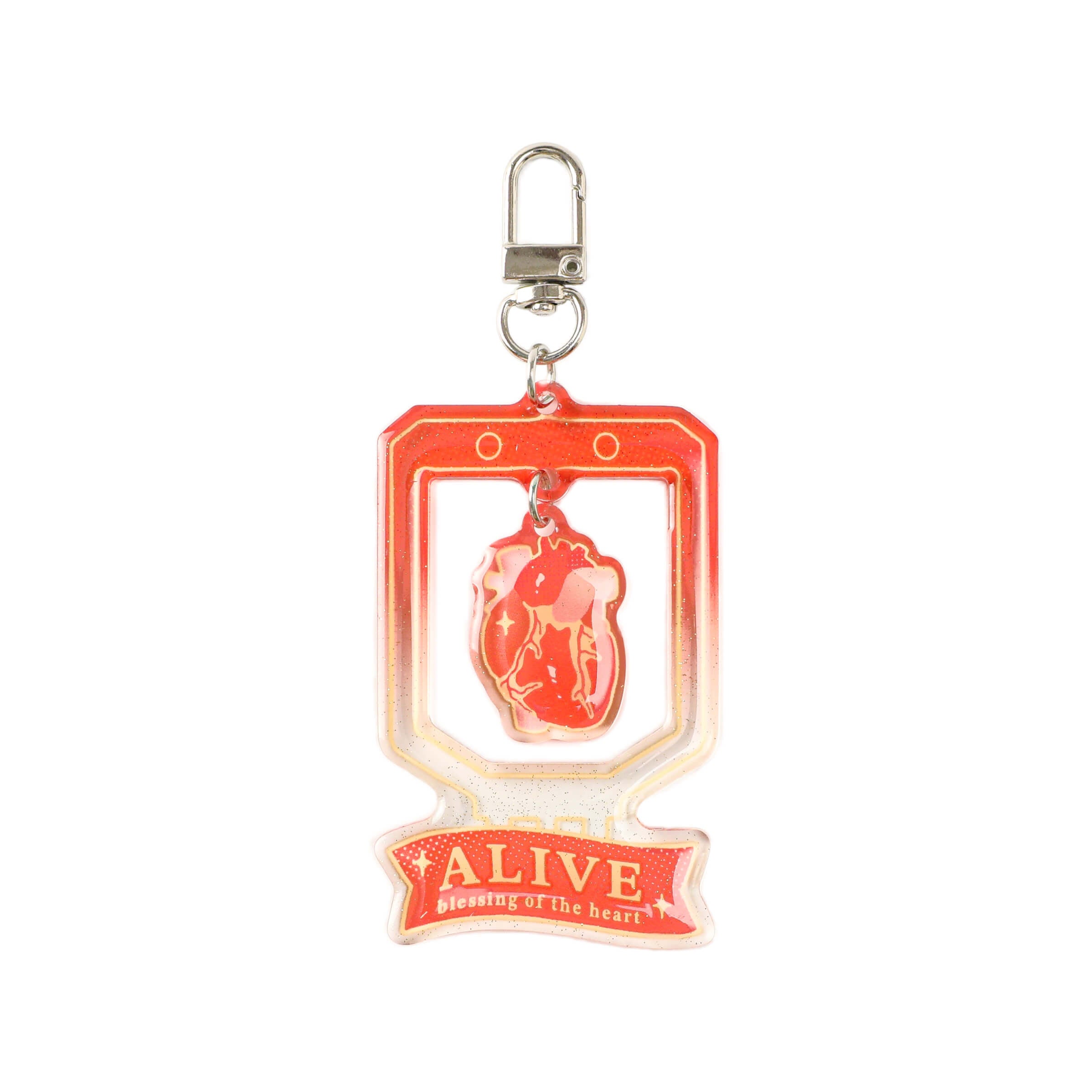 Heart shaker acrylic keychain featuring a glitter red acrylic frame, dangling anatomical heart charm, and silver lobster clasp for medical-themed accessories.