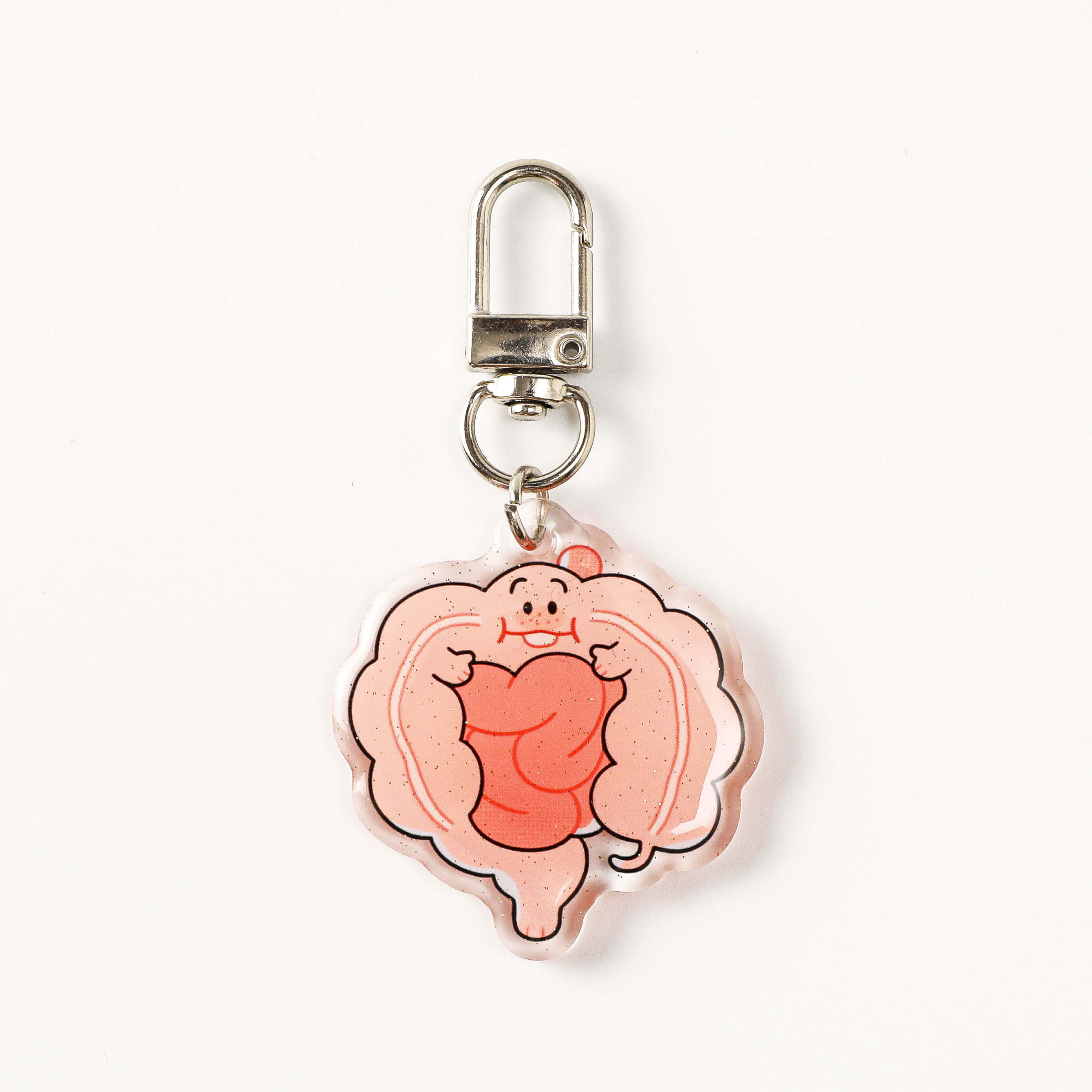 Cute digestive tract acrylic charm featuring a friendly intestine character, polished transparent edges, and durable hardware for keys, bags, or medical-themed gifts.