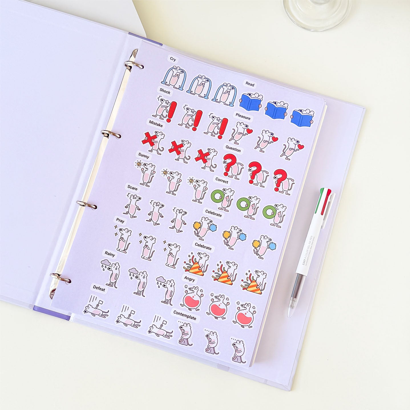 Science laboratory notebook with detailed illustrations of cell culture supplies, laboratory containers, and research equipment.