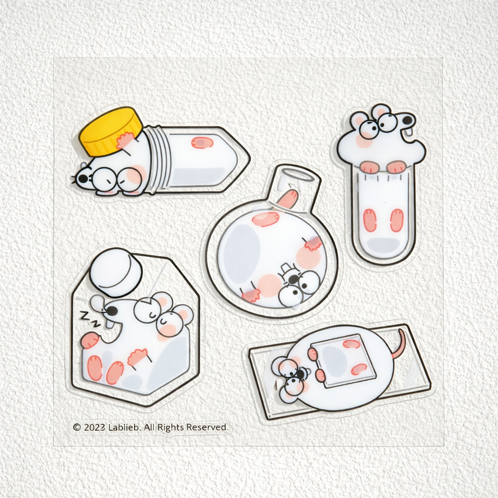 Cute laboratory mouse waterproof sticker pack featuring cartoon mice in test tubes, flasks, and science containers.