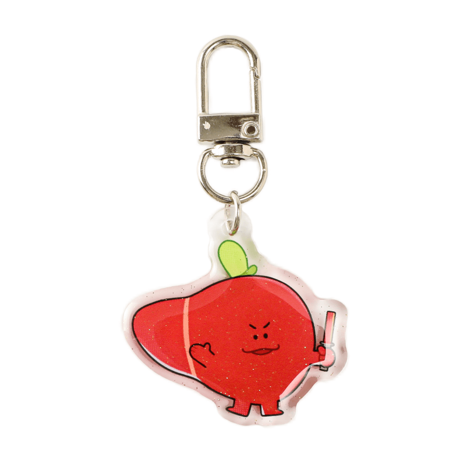 Cartoon liver acrylic keychain with sparkling finish, expressive face, and silver swivel clasp, designed as a fun medical-themed accessory.