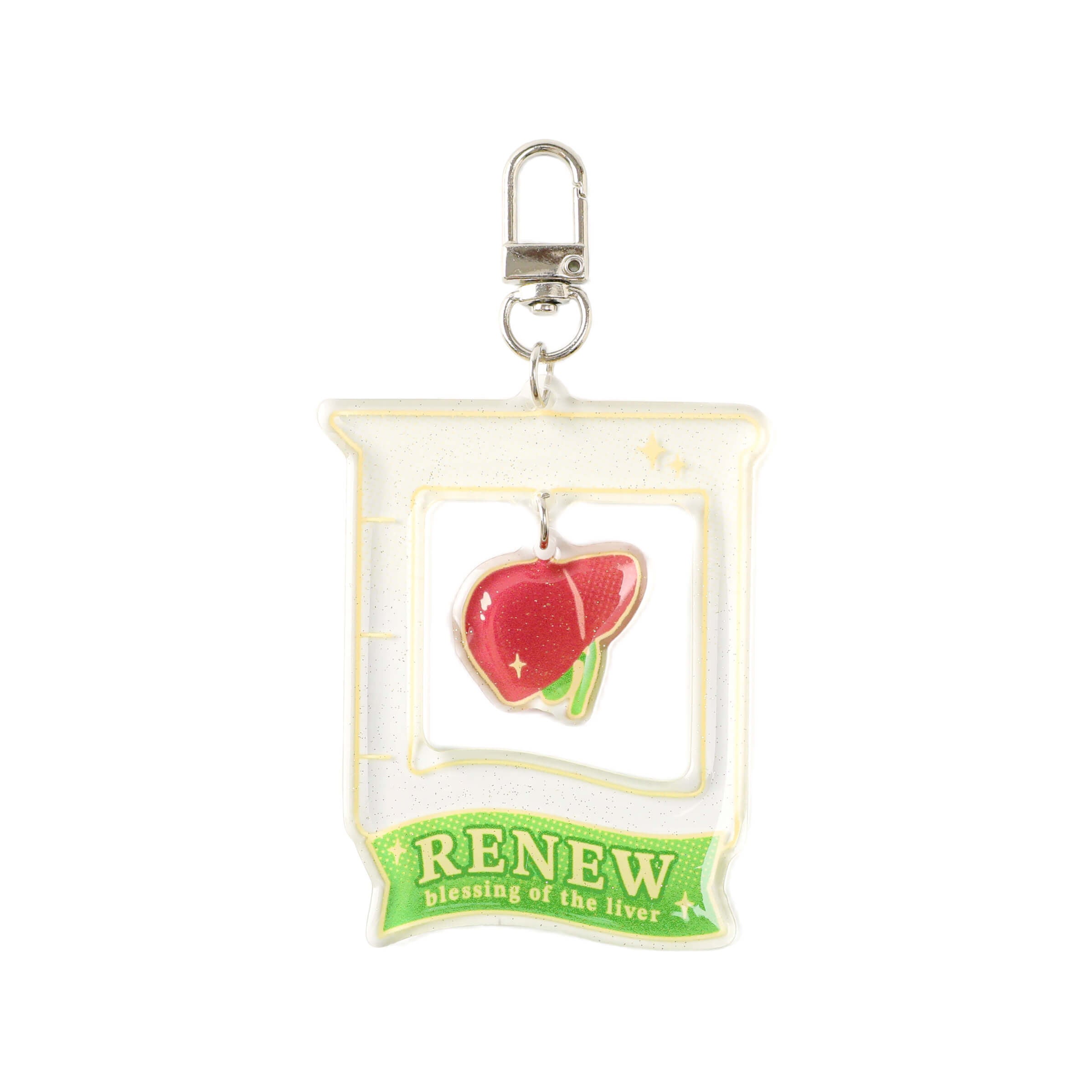 Liver shaker acrylic keychain featuring a glitter acrylic frame, dangling anatomical liver charm, and silver lobster clasp for medical-themed accessories.