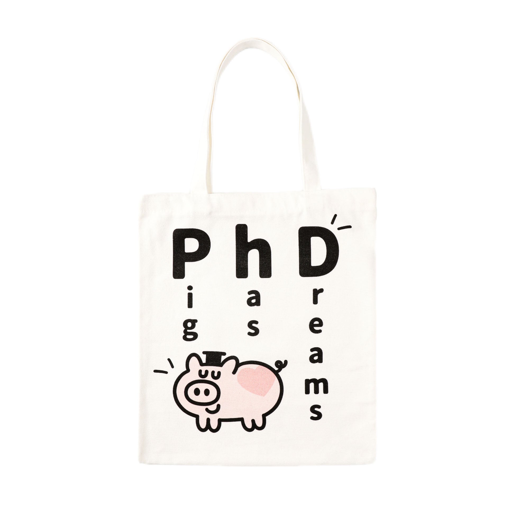 Cute PhD pig canvas tote bag with a playful academic pun design, reusable cotton shopping bag for graduate students, science lovers, and everyday use.