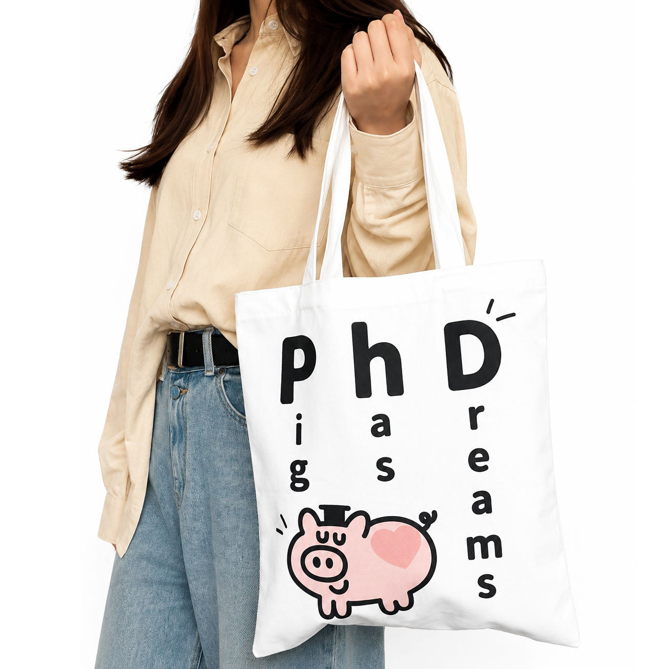 Funny pig-themed canvas tote featuring a creative PhD wordplay graphic, ideal as a graduation gift, campus accessory, or eco-friendly carryall.