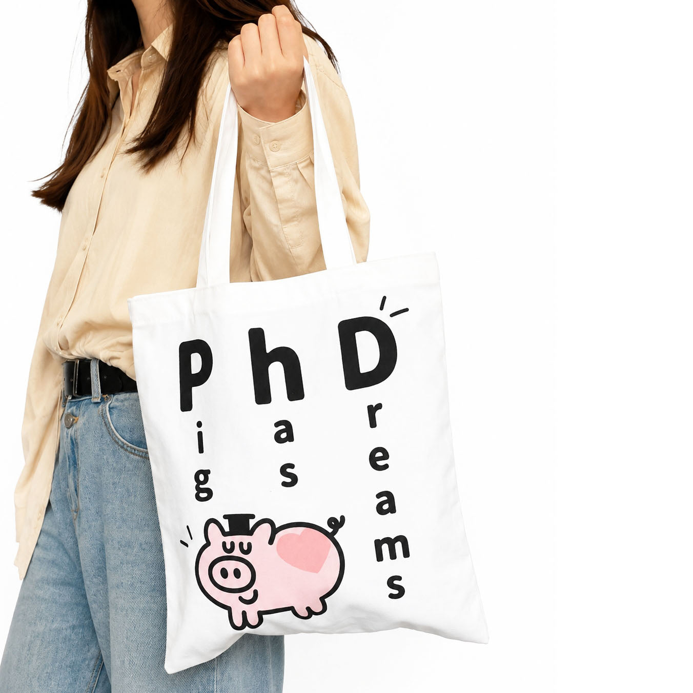 Minimalist cotton tote with an adorable pig illustration and clever PhD typography, a unique gift for doctoral candidates, professors, and academic enthusiasts.