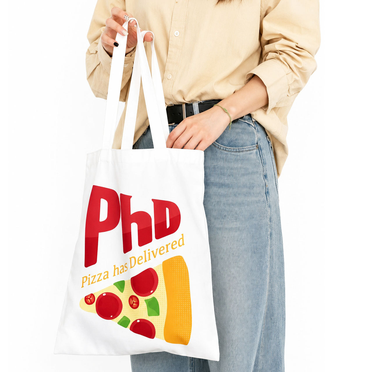 Novelty cotton tote featuring a clever PhD pun and colorful pizza illustration, perfect as a graduation gift, science-themed accessory, or everyday carry bag.