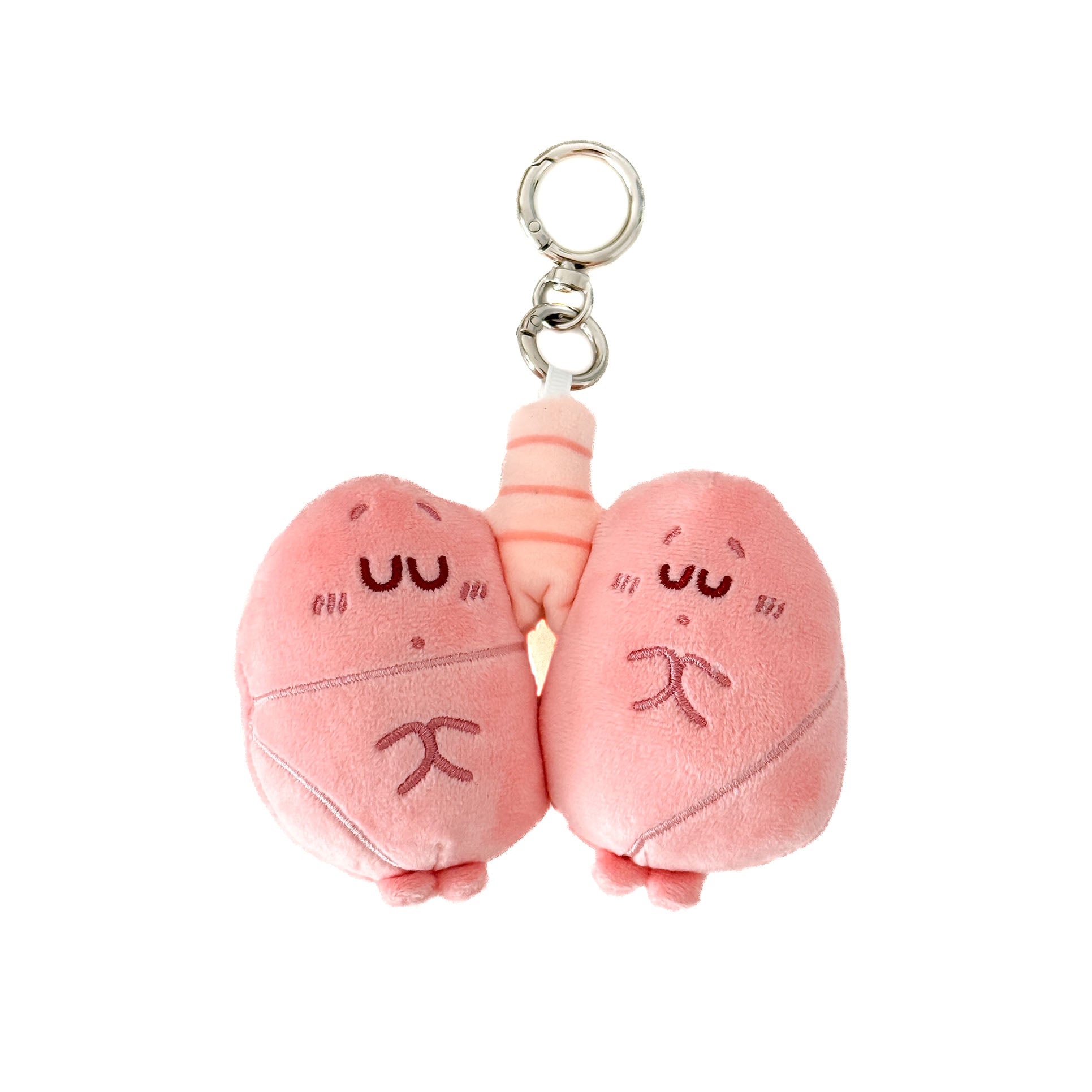 Cute pink plush lung keychain with embroidered smiling face and silver metal key ring.