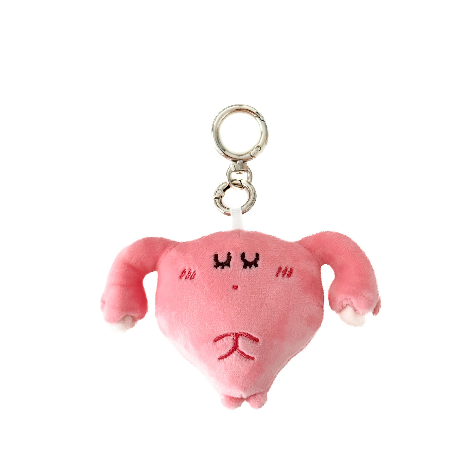 Cute pink plush uterus keychain with embroidered smiling face and silver metal key ring.