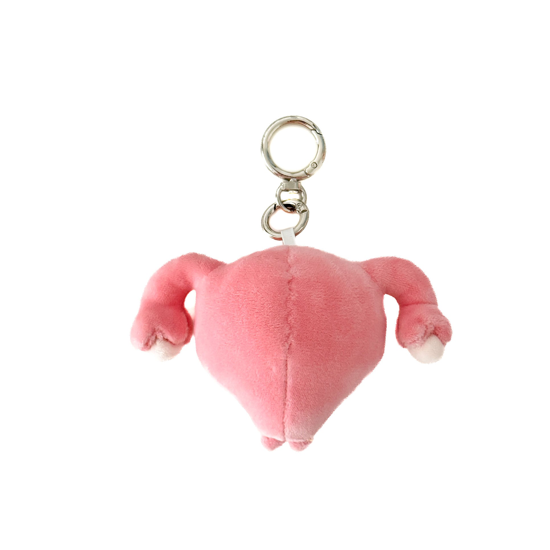 Soft pink uterus organ plush keychain featuring a  expression and durable metal keychain clasp.