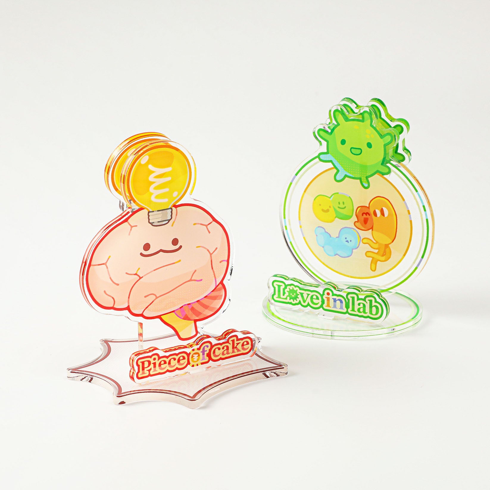 Colorful acrylic desktop ornament set with science-inspired cartoon characters, ideal for office decoration, study desks, and laboratory gifts.