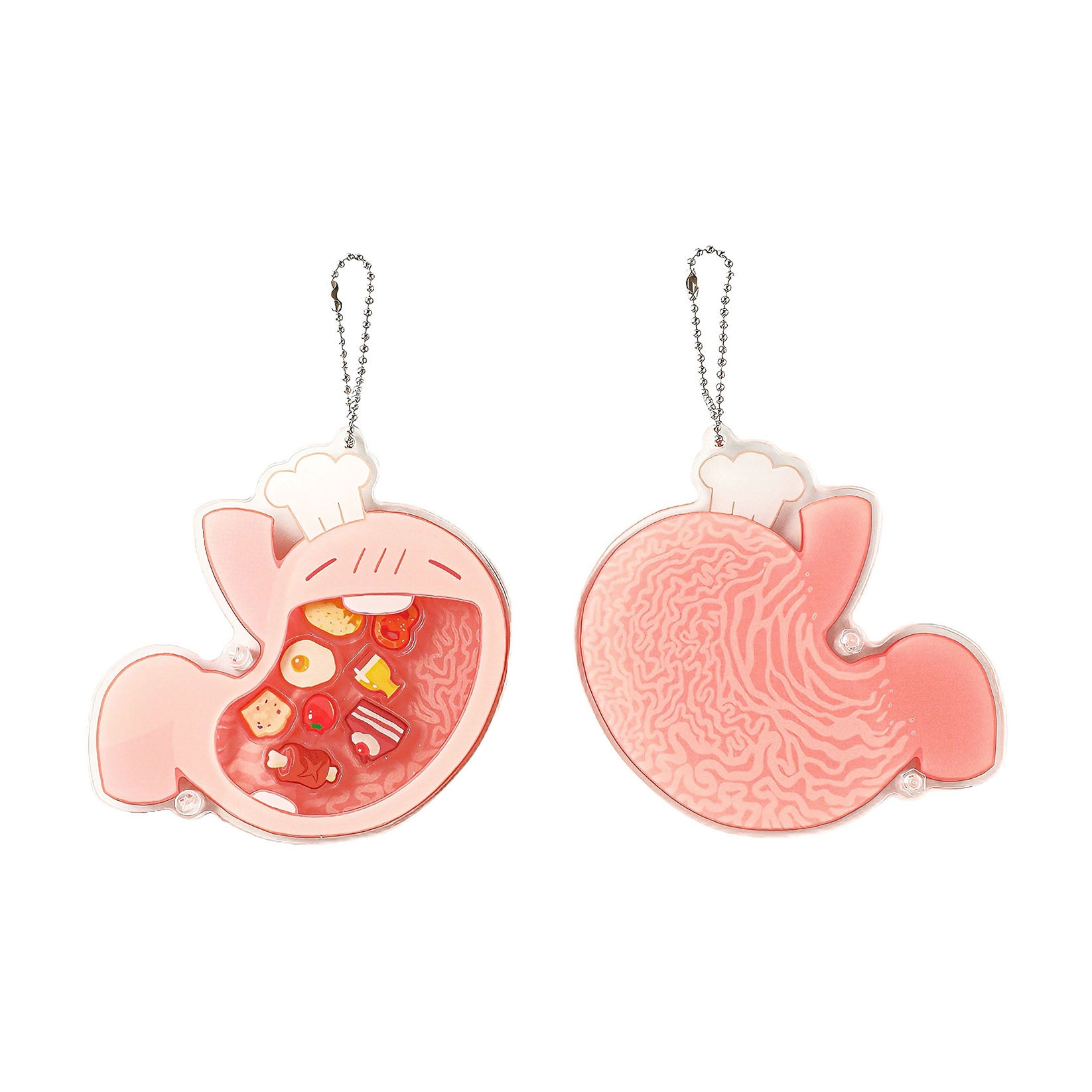 Double-sided acrylic shaker keychain featuring a cute stomach design with visible food illustrations and a chef hat, perfect for anatomy enthusiasts, medical students, and science gifts.